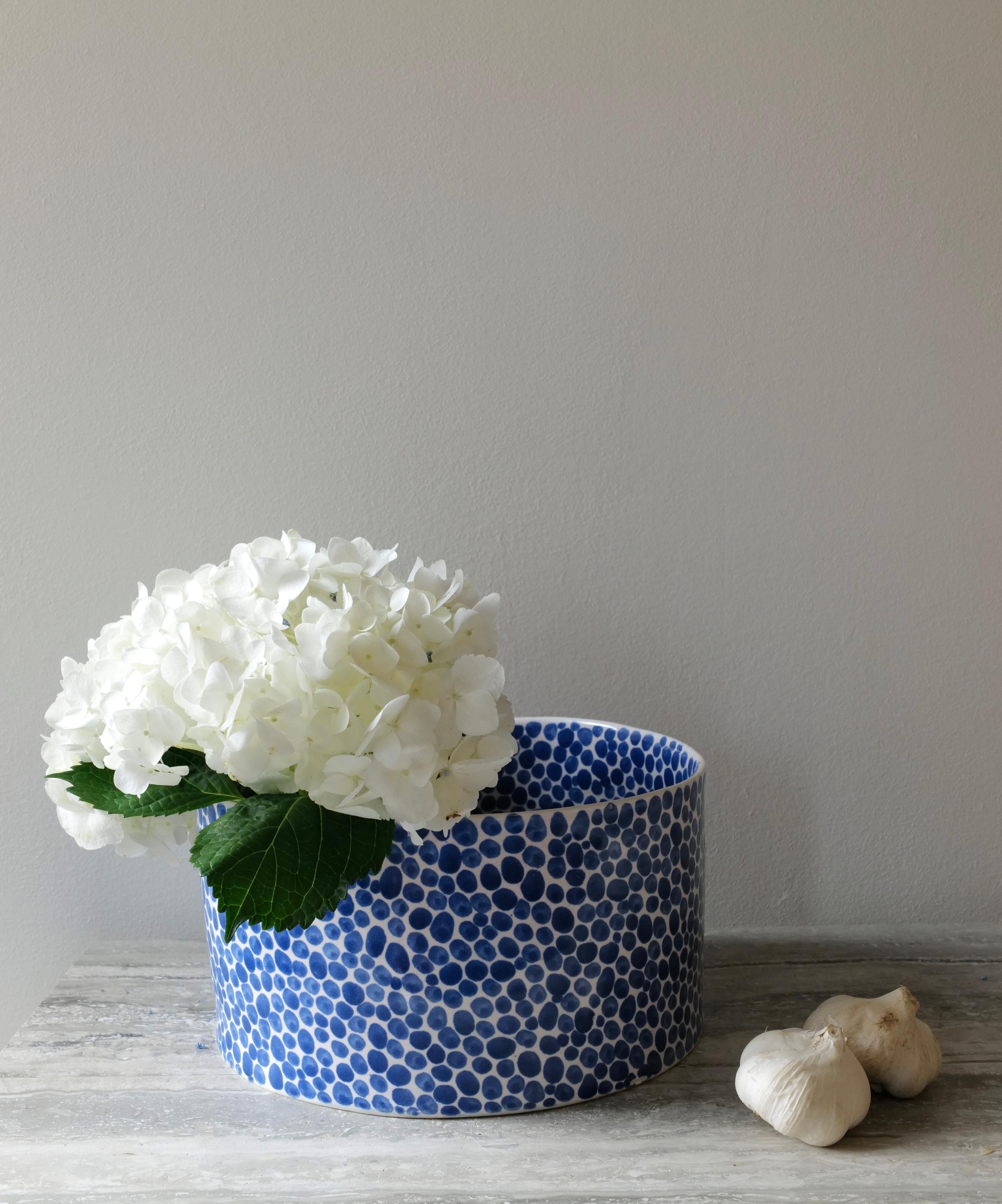 Minimalist Blue Dots Wide Deep Porcelain Bowl by Lana Kova For Sale