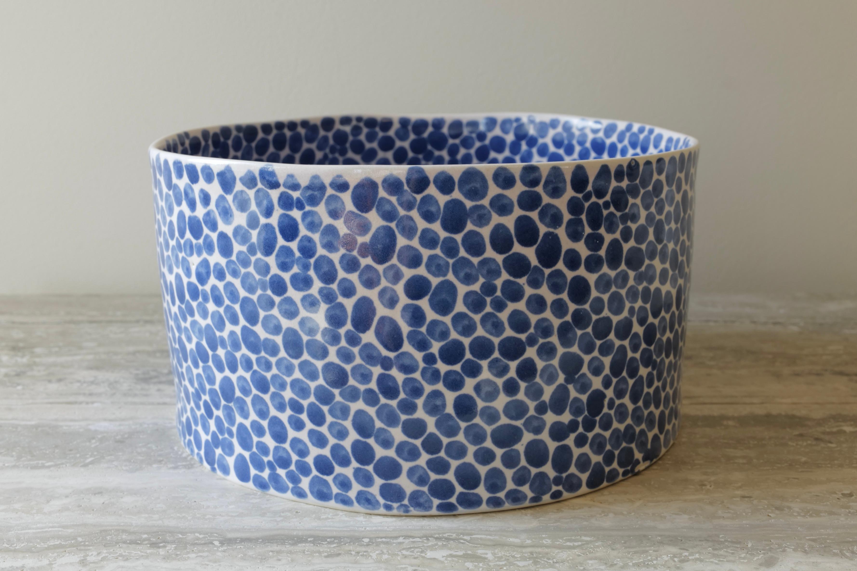 North American Blue Dots Wide Deep Porcelain Bowl by Lana Kova For Sale