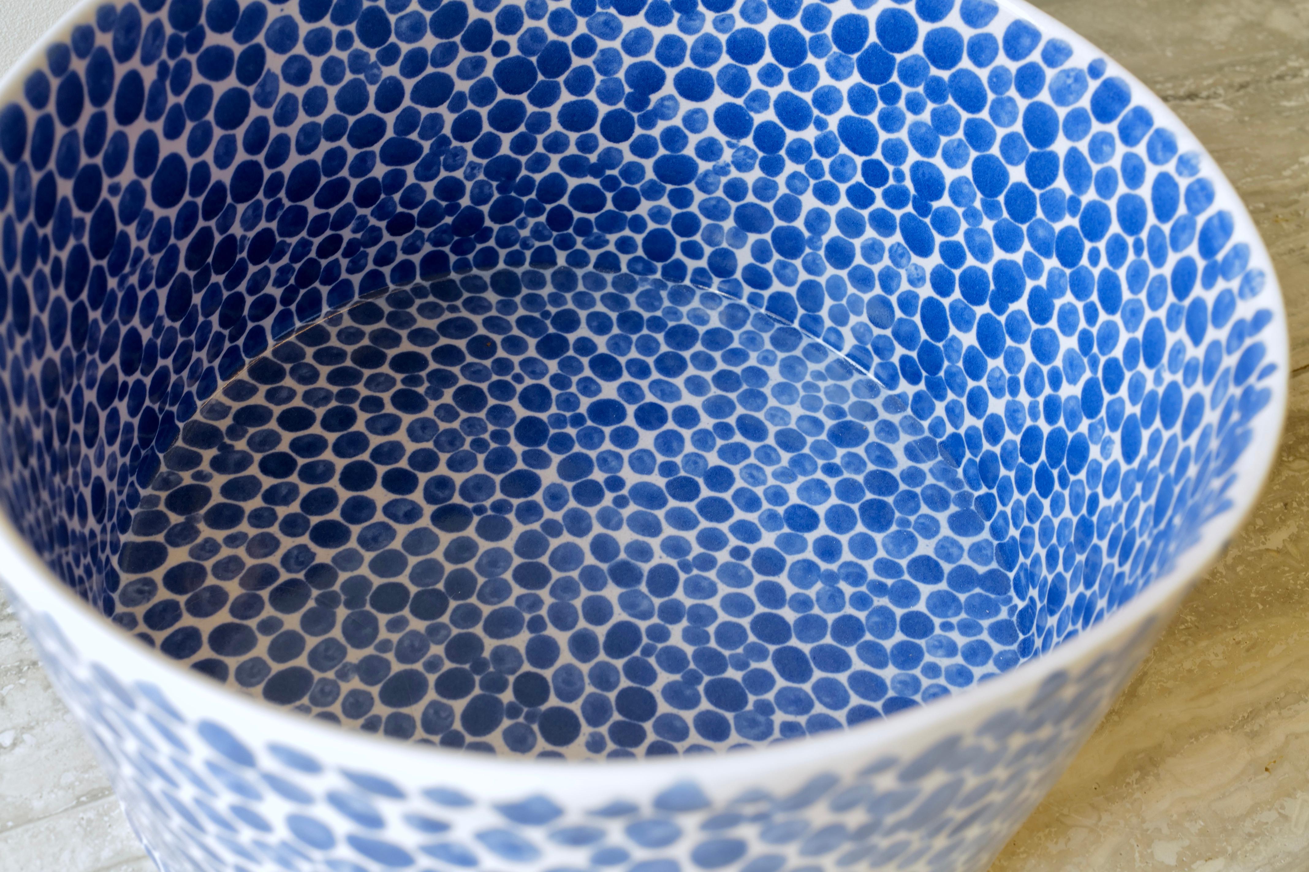 Cast Blue Dots Wide Deep Porcelain Bowl by Lana Kova For Sale