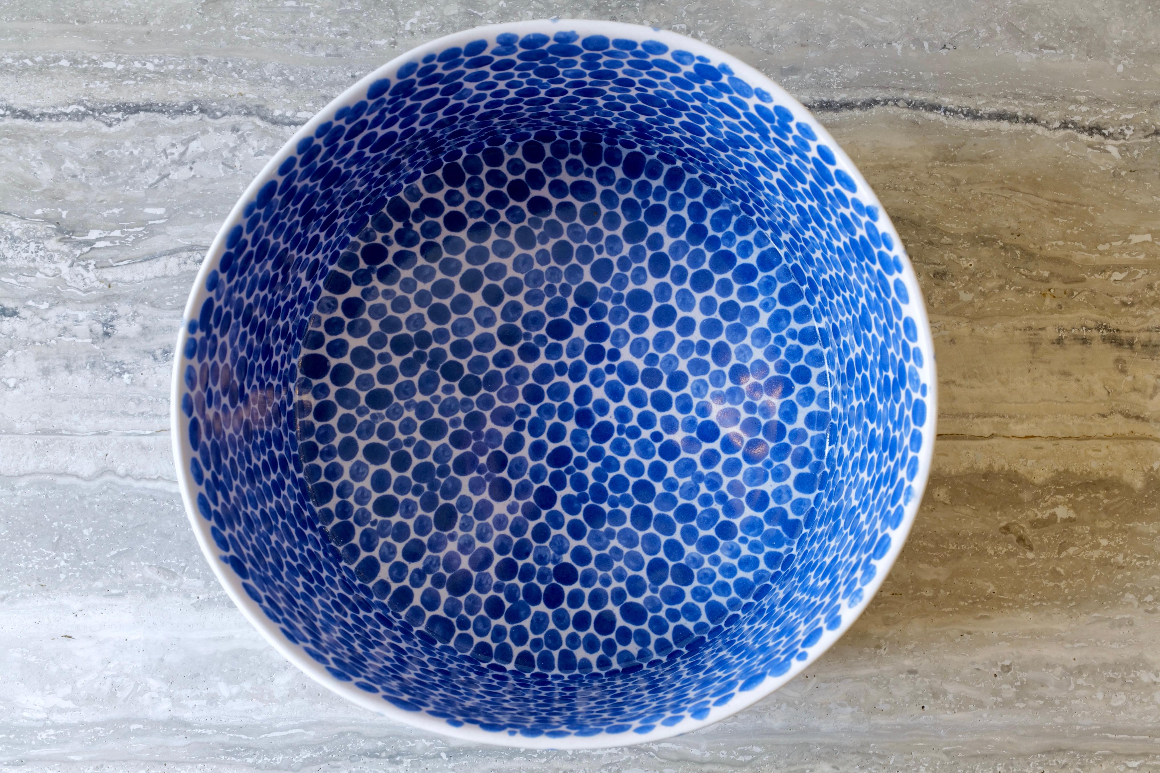 Contemporary Blue Dots Wide Deep Porcelain Bowl by Lana Kova For Sale