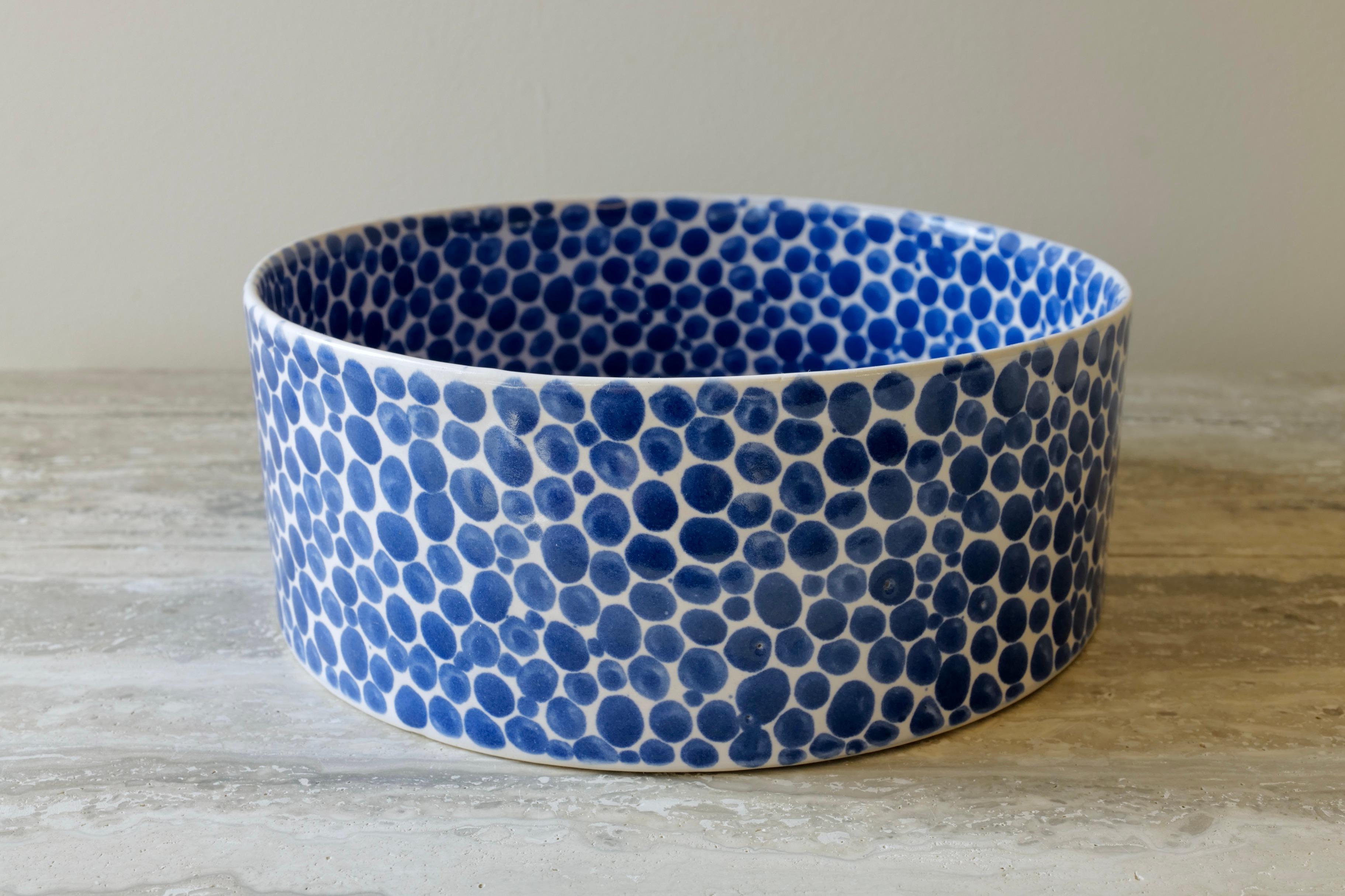 Minimalist Blue Dots Wide Porcelain Bowl by Lana Kova For Sale
