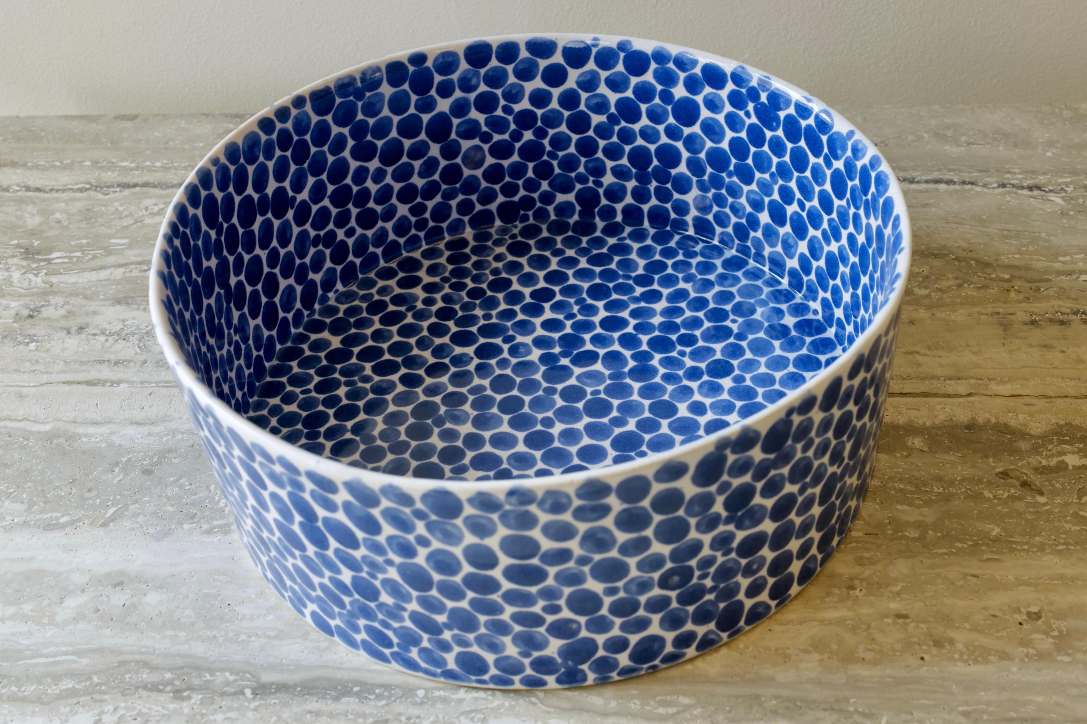 American Blue Dots Wide Porcelain Bowl by Lana Kova For Sale