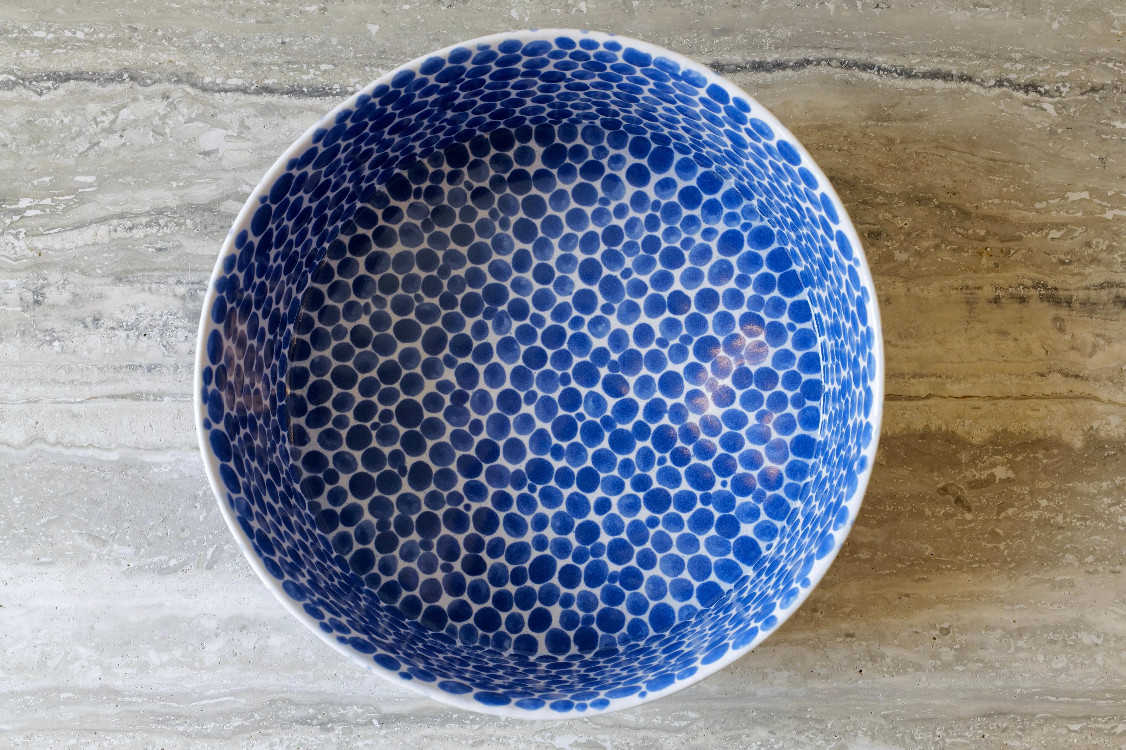 Hand-Carved Blue Dots Wide Porcelain Bowl by Lana Kova For Sale