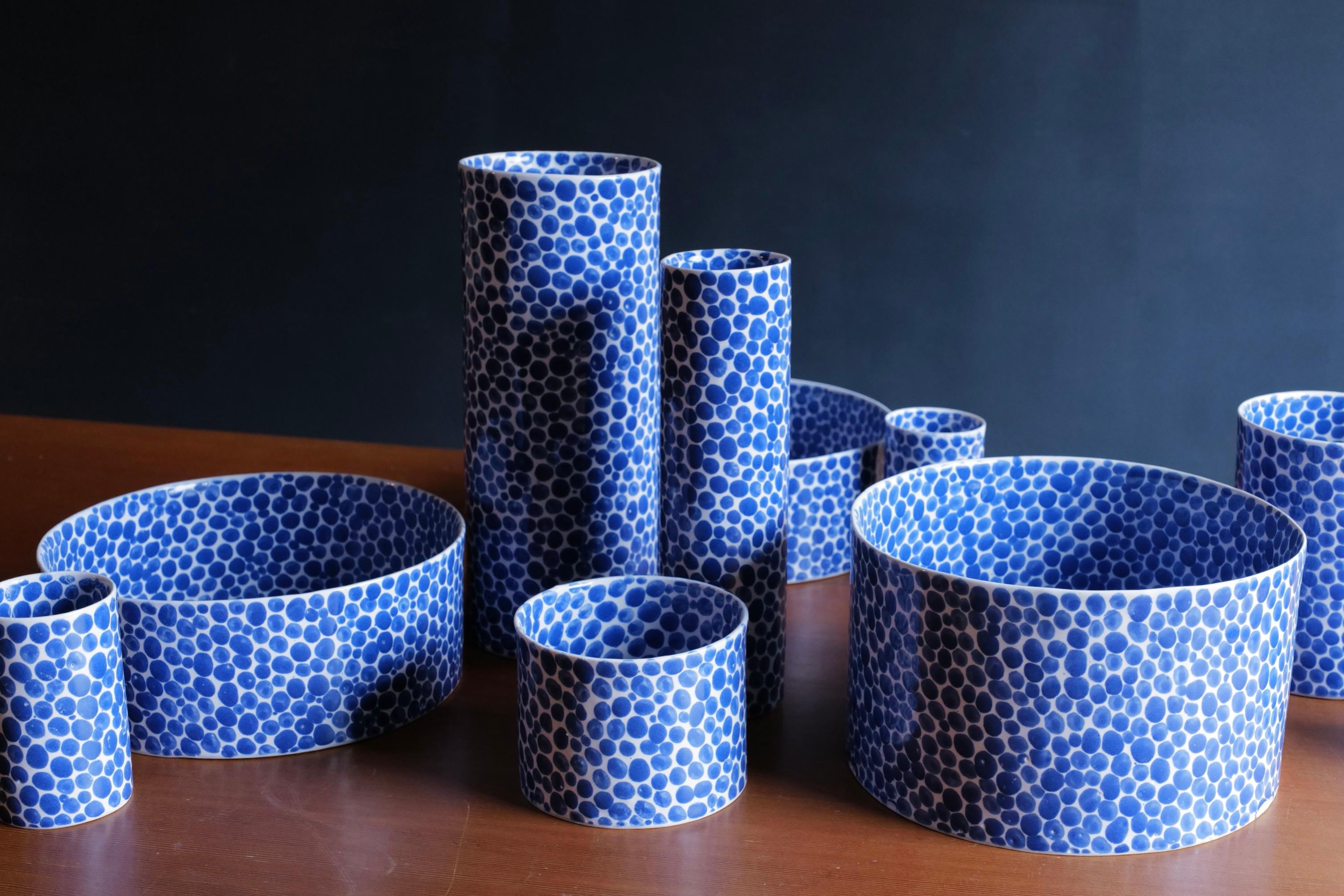 Contemporary Blue Dots Wide Porcelain Bowl by Lana Kova For Sale
