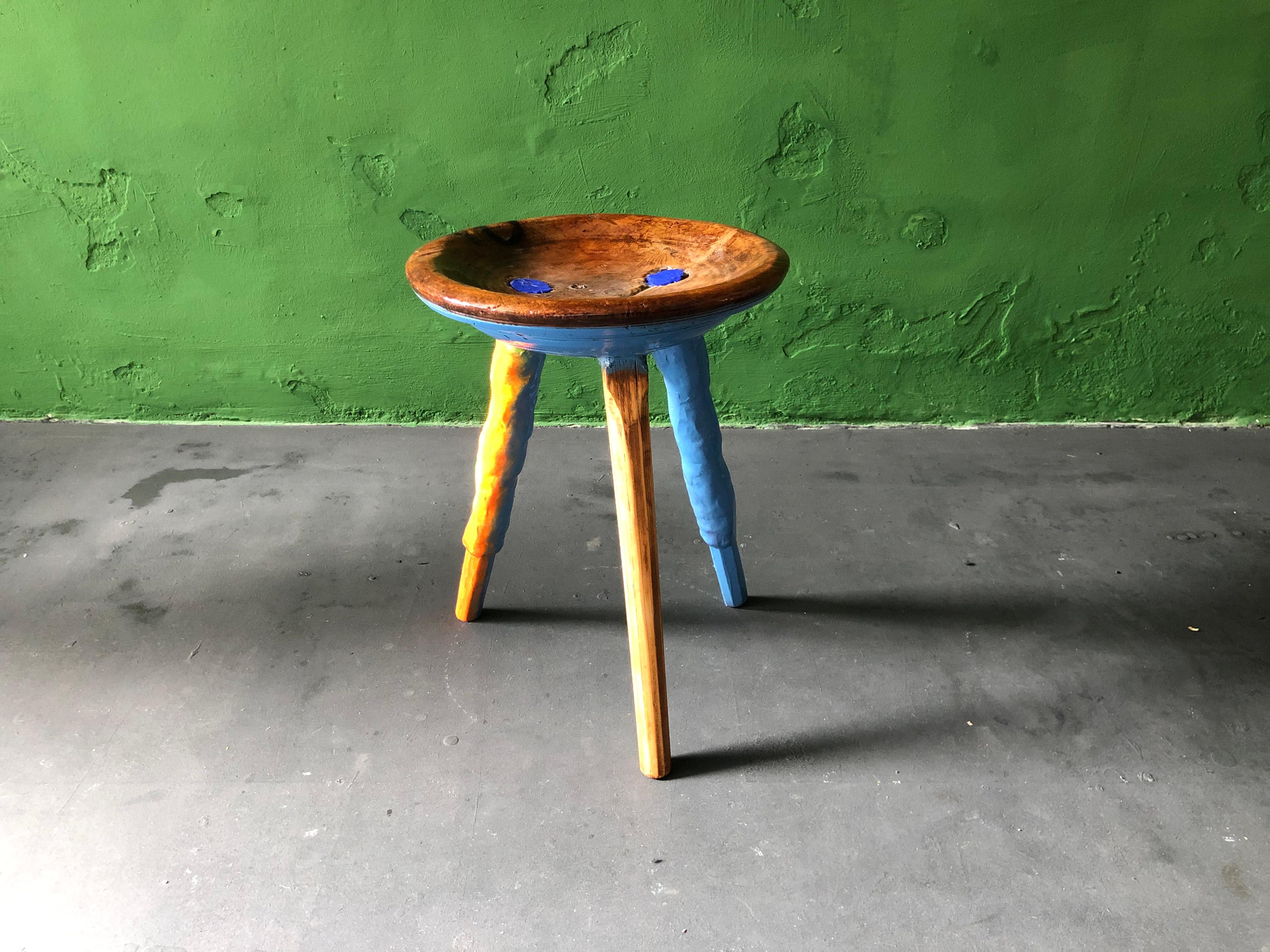 Hand-Painted blue dotted Stool by Markus Friedrich Staab For Sale