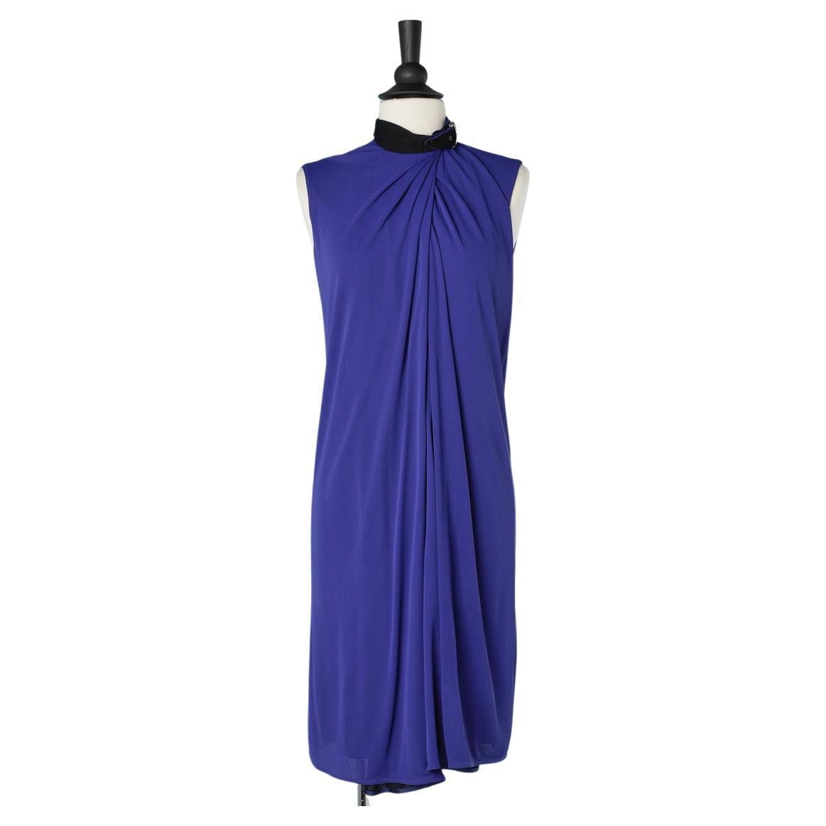 Blue double lays jersey wrap dress with belt around the neck Jean Paul Gaultier For Sale