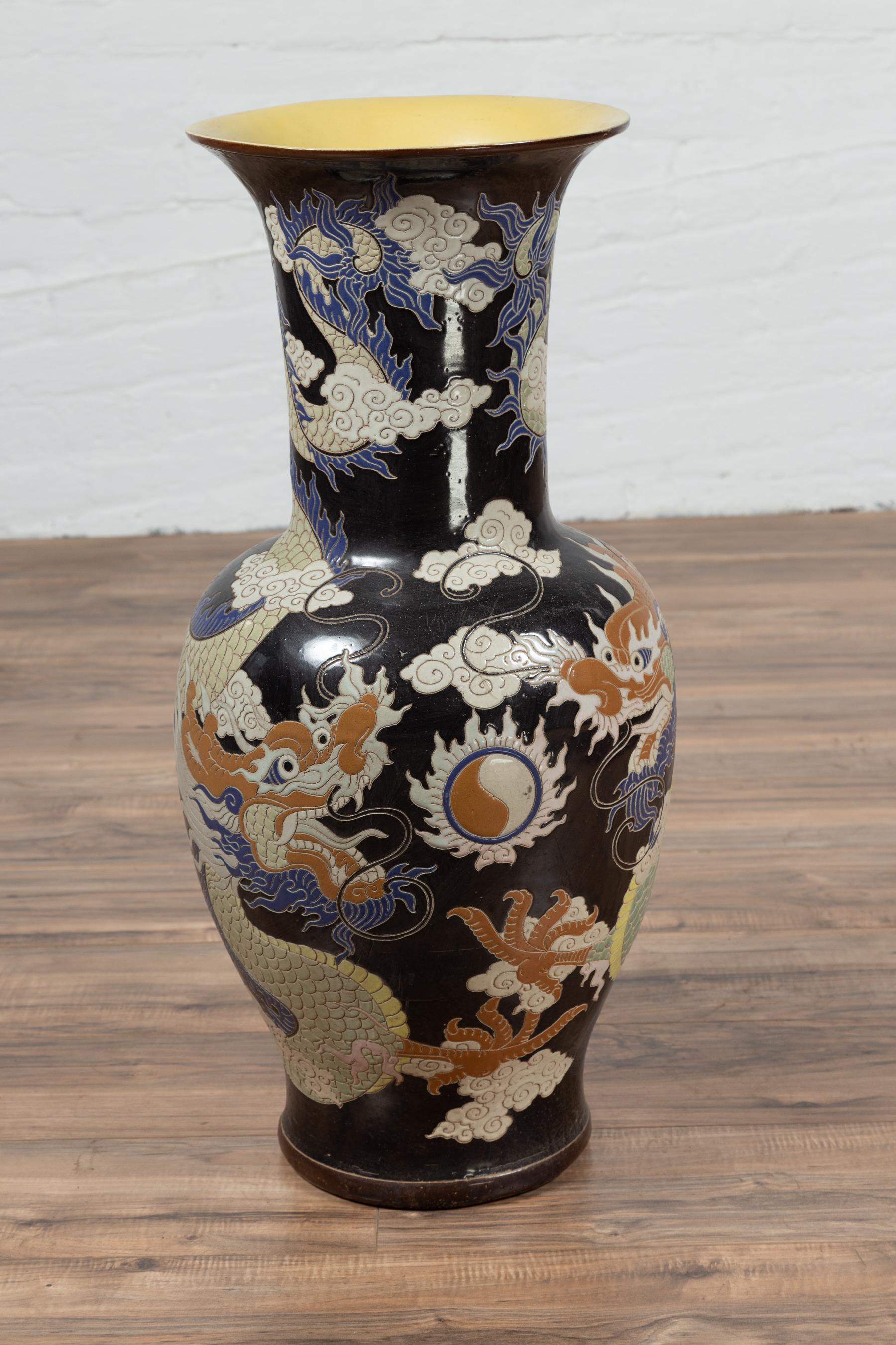 Blue Dragon Motif Altar Vase on Black Ground, Found in Vietnamese Temple For Sale 2