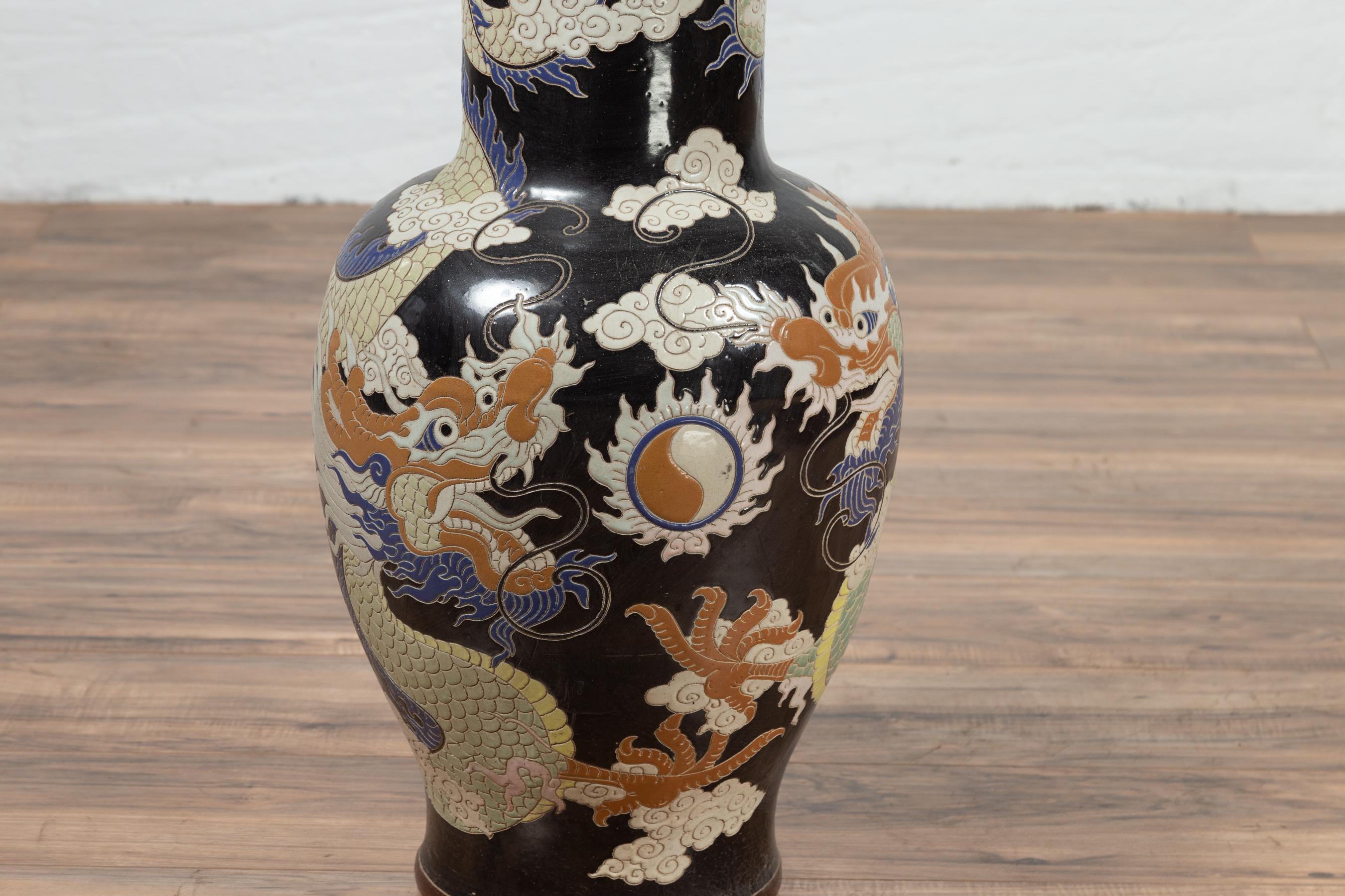 Blue Dragon Motif Altar Vase on Black Ground, Found in Vietnamese Temple For Sale 3