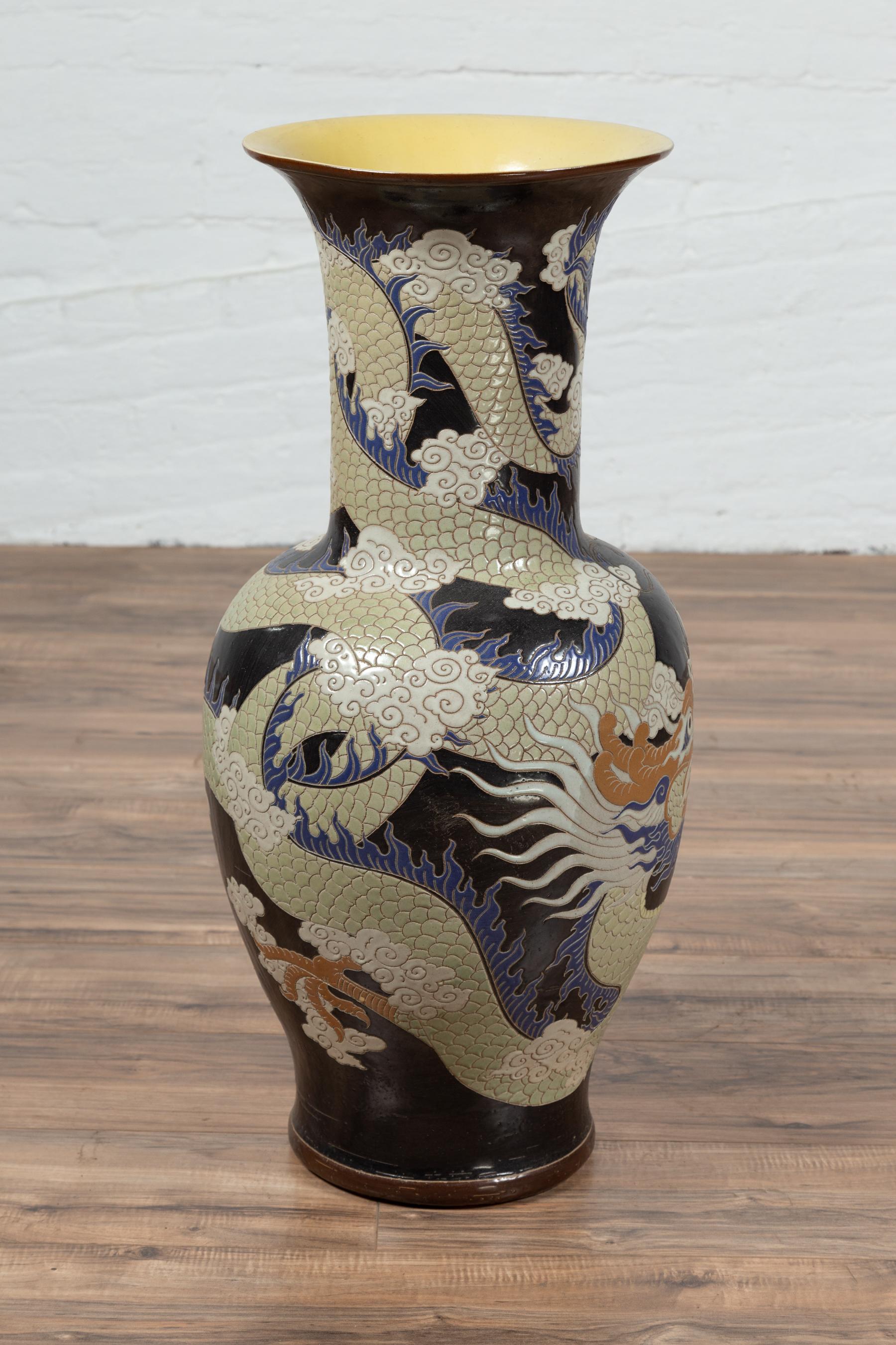 Blue Dragon Motif Altar Vase on Black Ground, Found in Vietnamese Temple For Sale 4