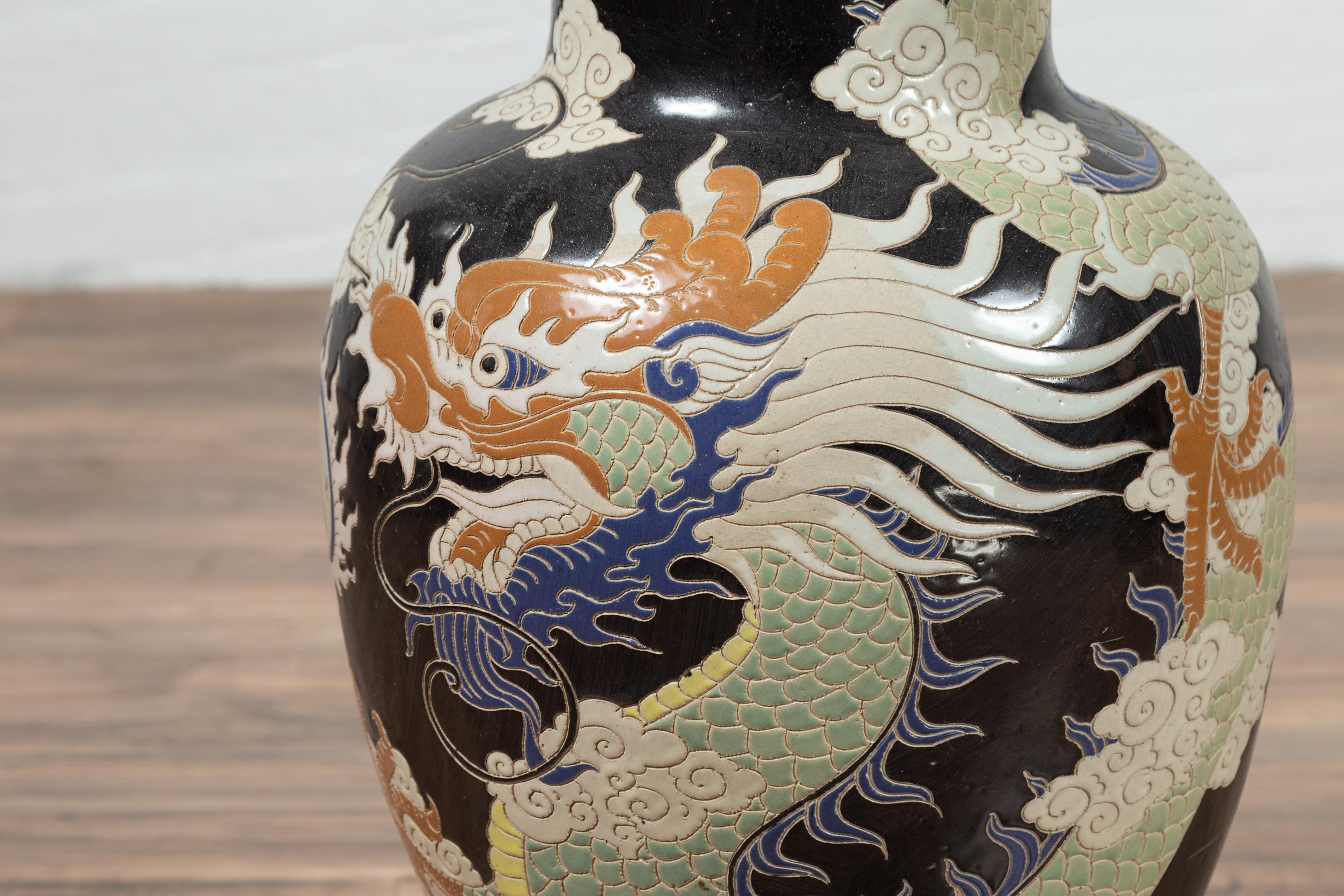 Blue Dragon Motif Altar Vase on Black Ground, Found in Vietnamese Temple In Good Condition For Sale In Yonkers, NY