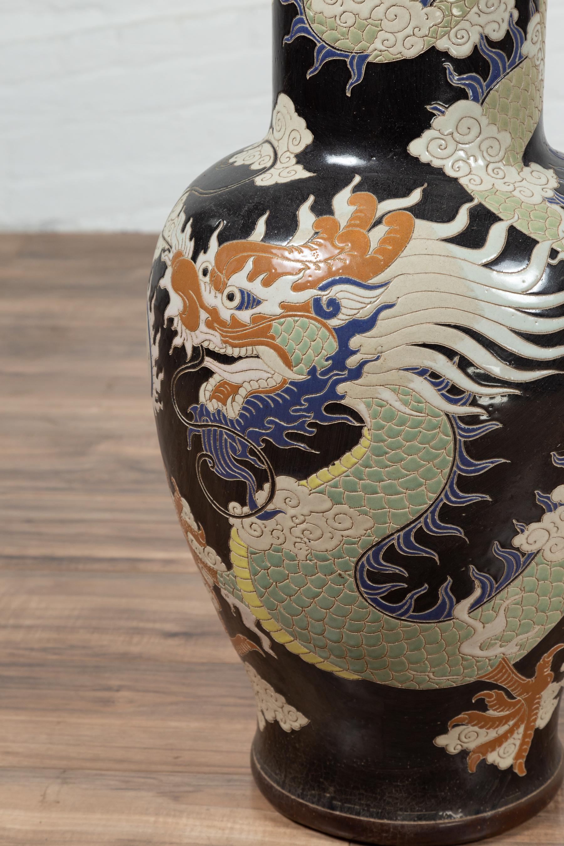 Ceramic Blue Dragon Motif Altar Vase on Black Ground, Found in Vietnamese Temple For Sale