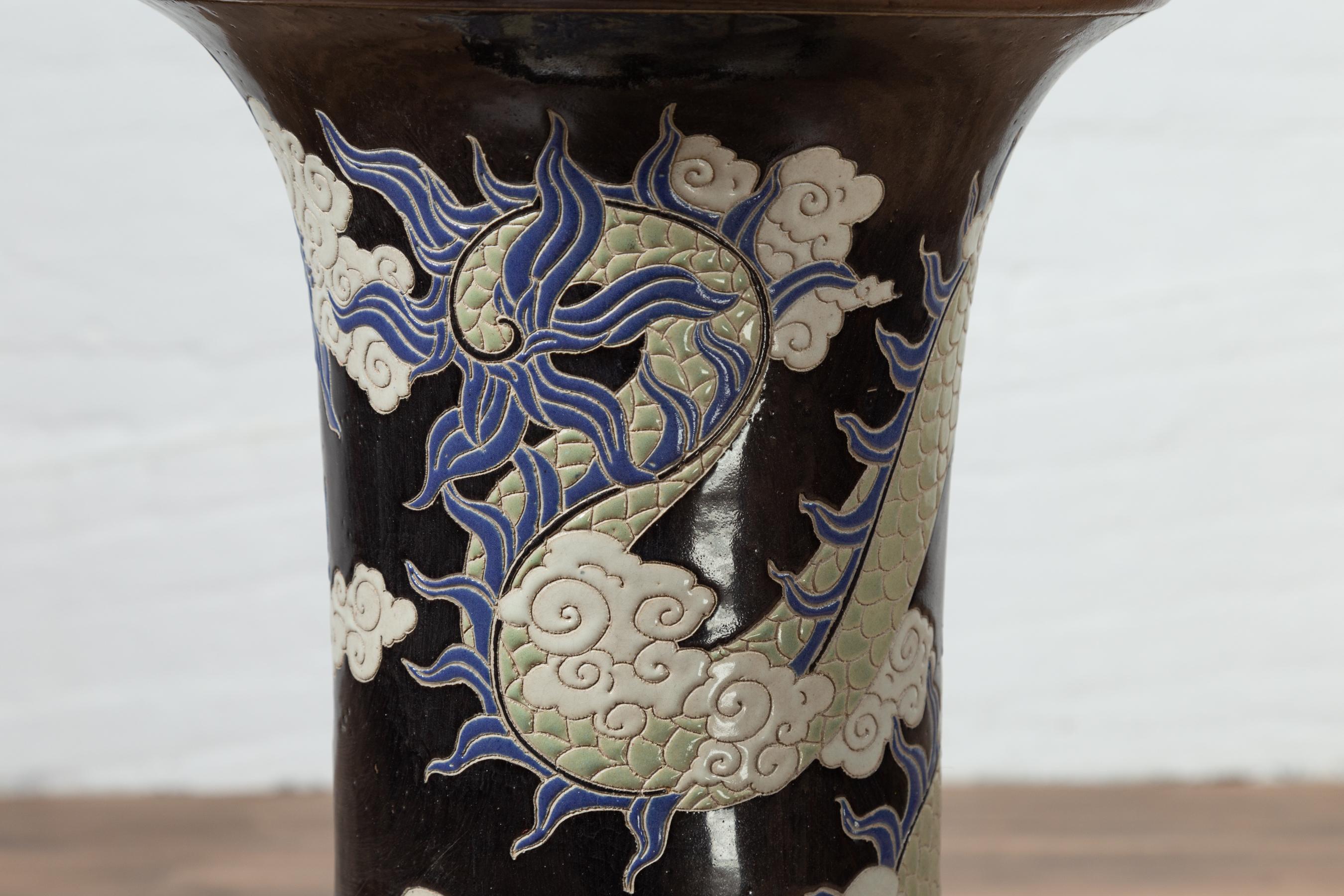 Blue Dragon Motif Altar Vase on Black Ground, Found in Vietnamese Temple For Sale 1