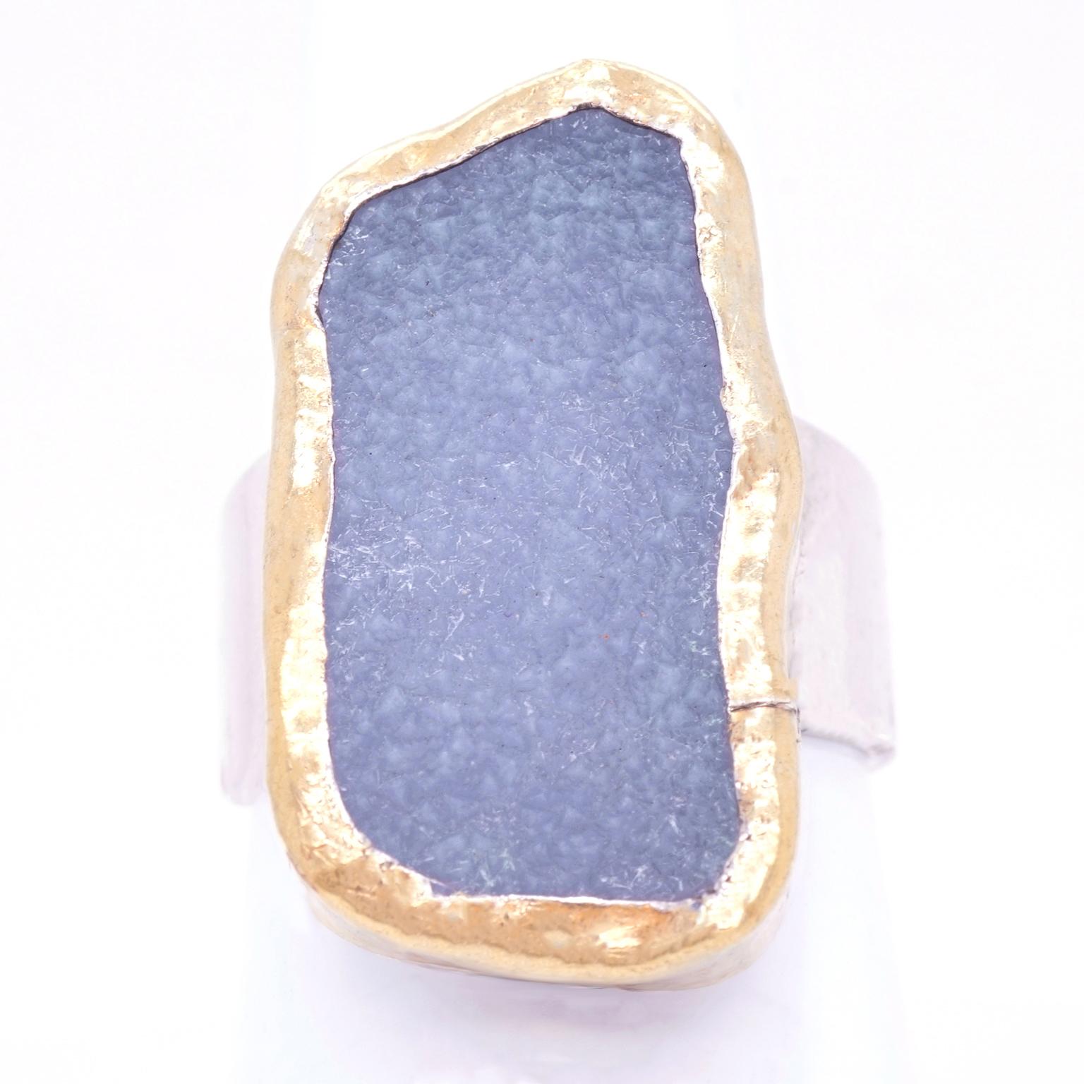 Women's or Men's Blue Druzy-Set Gold and Sterling Ring