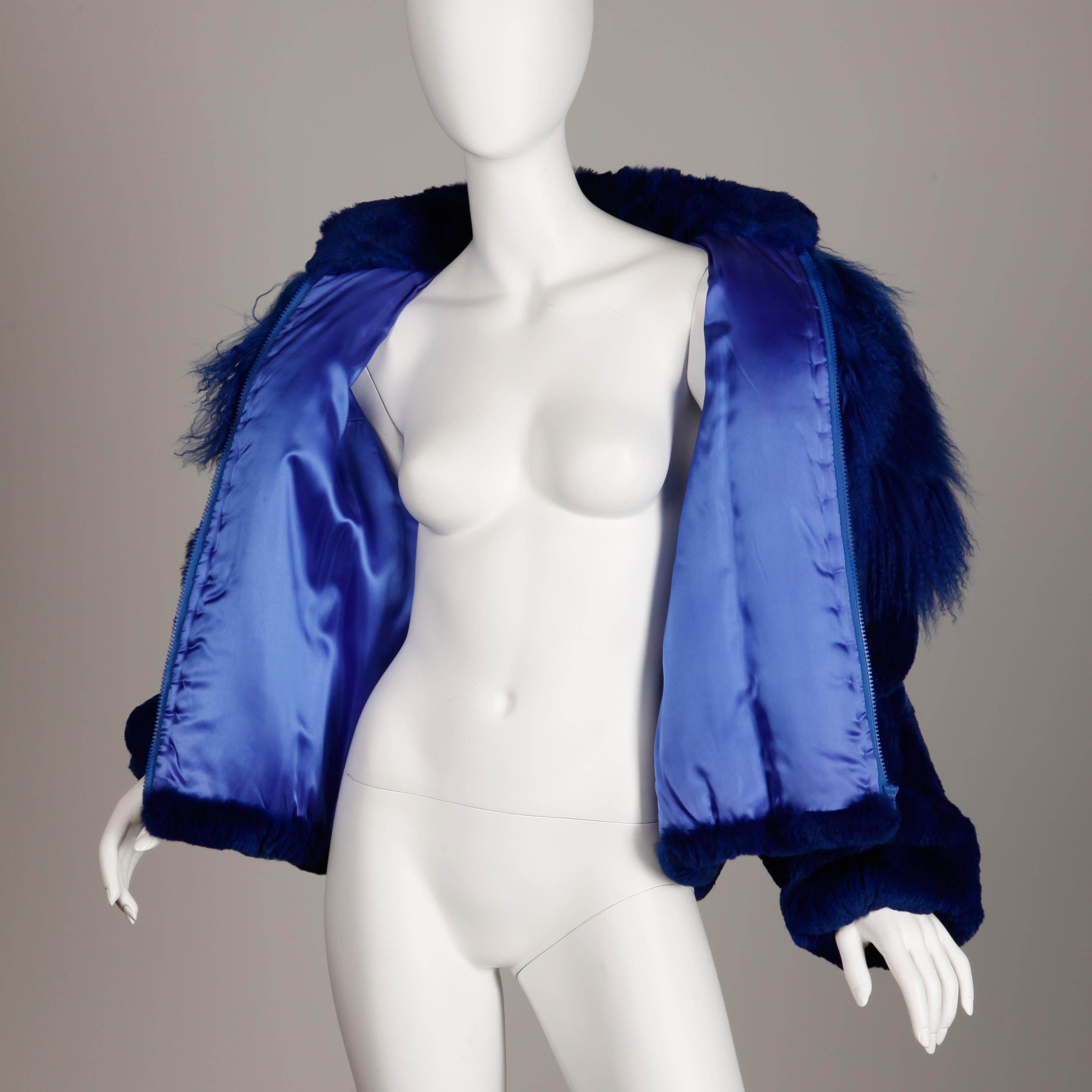 Blue Dyed Mongolian Lamb + Sheared Rabbit Fur Jacket For Sale 3