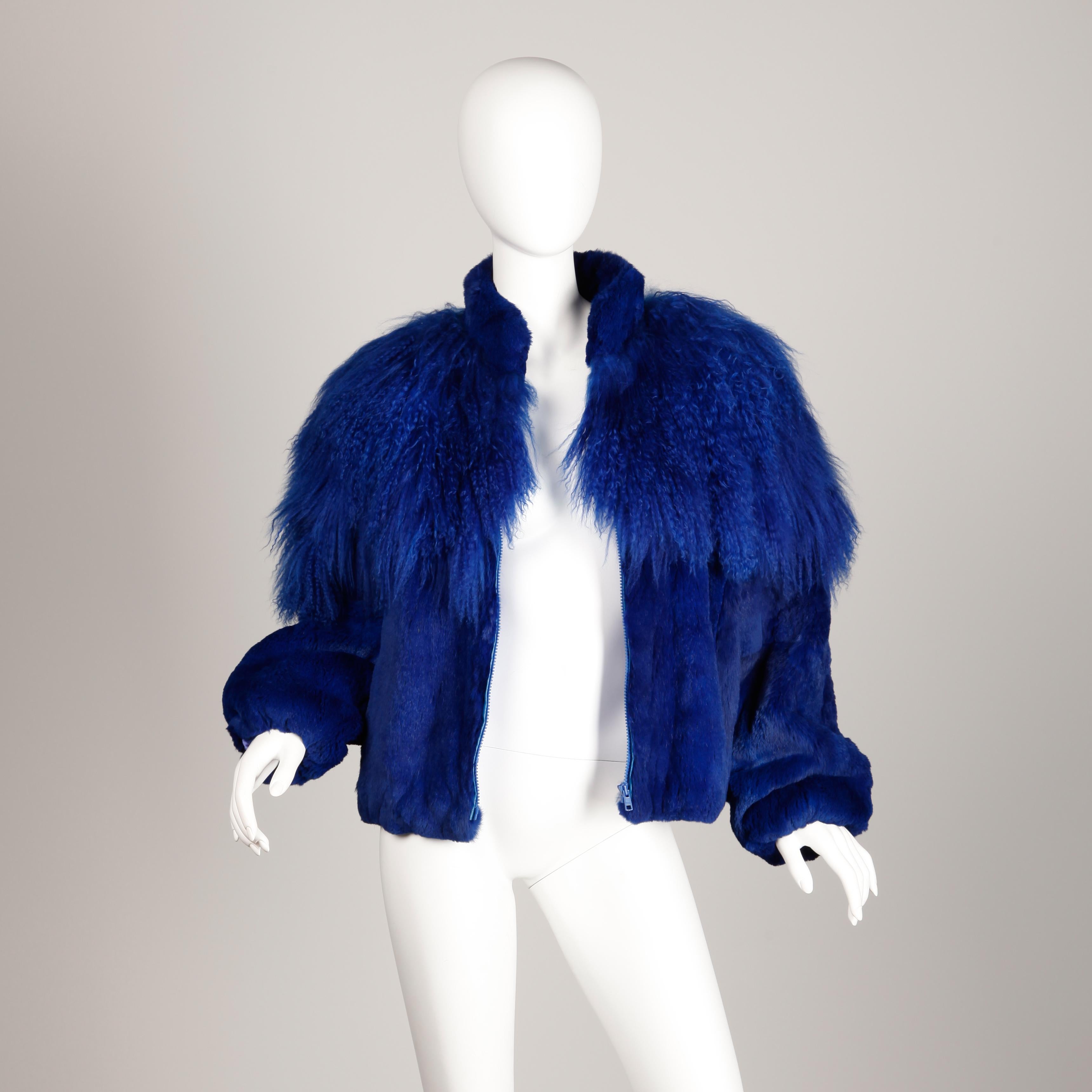 Blue Dyed Mongolian Lamb + Sheared Rabbit Fur Jacket For Sale 1