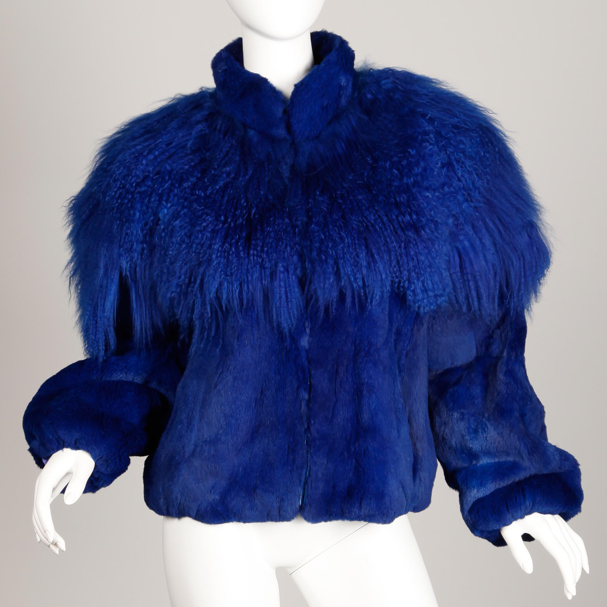 Blue Dyed Mongolian Lamb + Sheared Rabbit Fur Jacket For Sale 2
