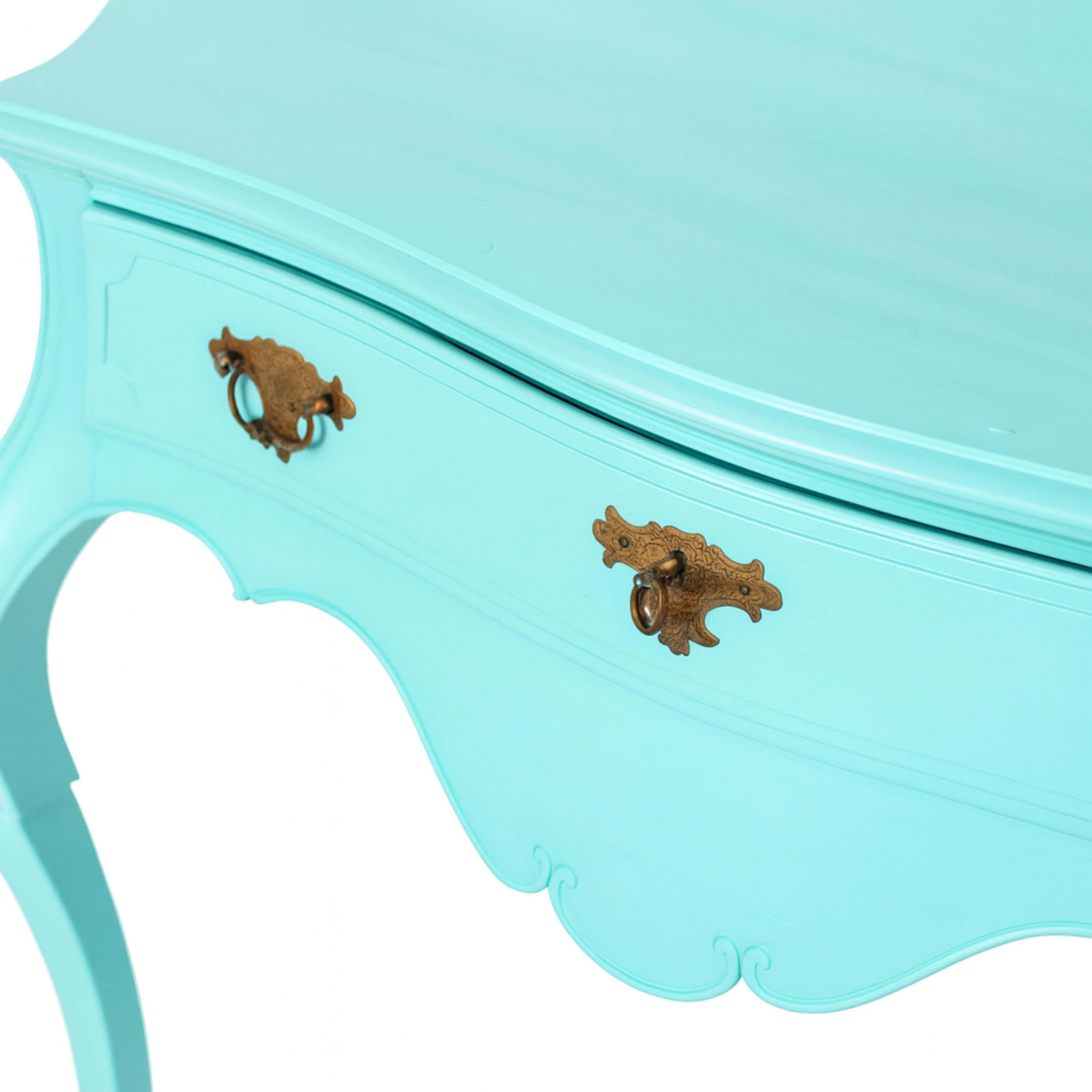 Elevate your space with this high-end Portuguese Baroque-style wood table commode refinished with blue egg (color reference #96ded1), now re-imagined by expert artisans. Featuring a single drawer with a cut-out top that follows the elegant lines of