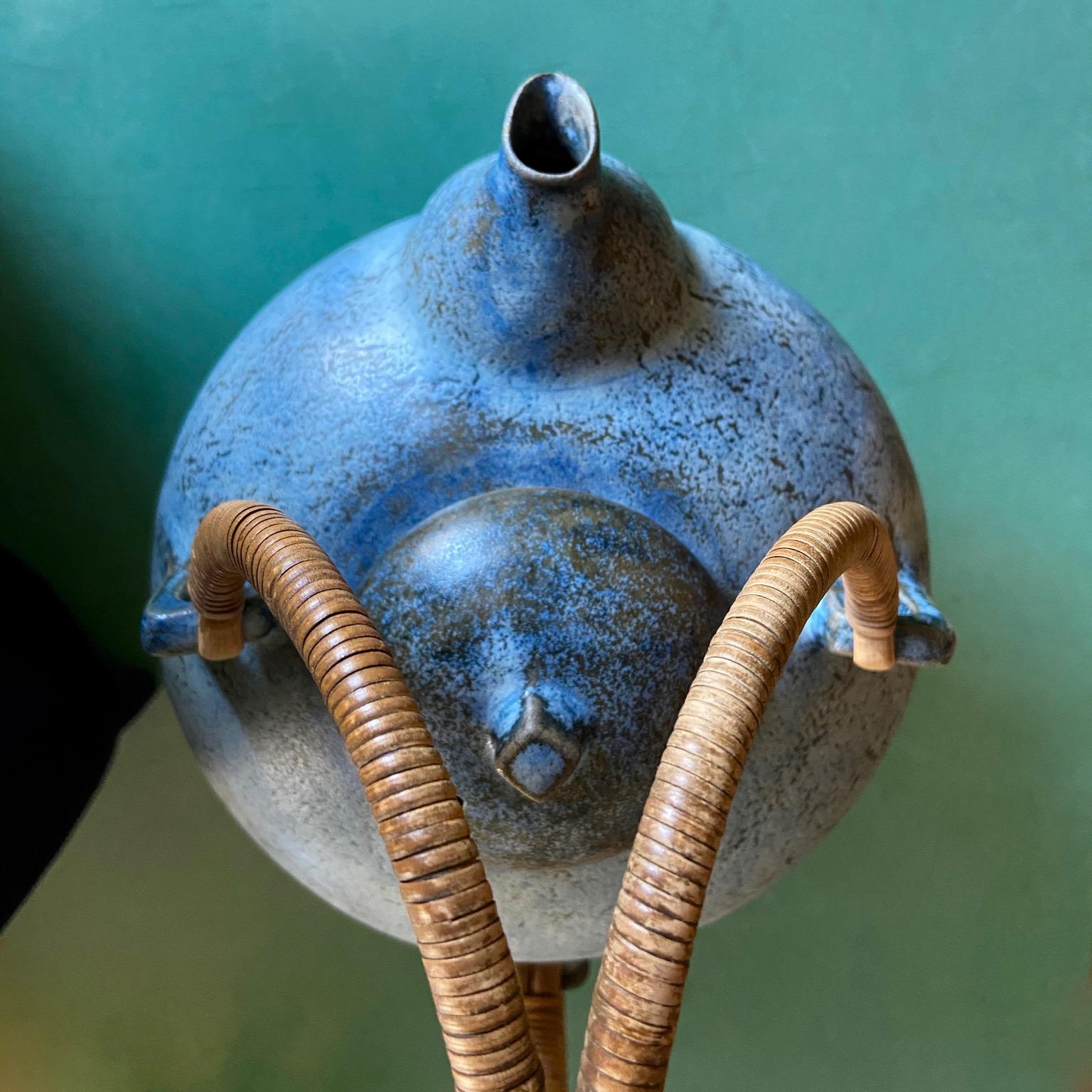 Danish Large Blue Eigil Heinrichsen Ceramic Tea Pot and Cover with Wicker Handle