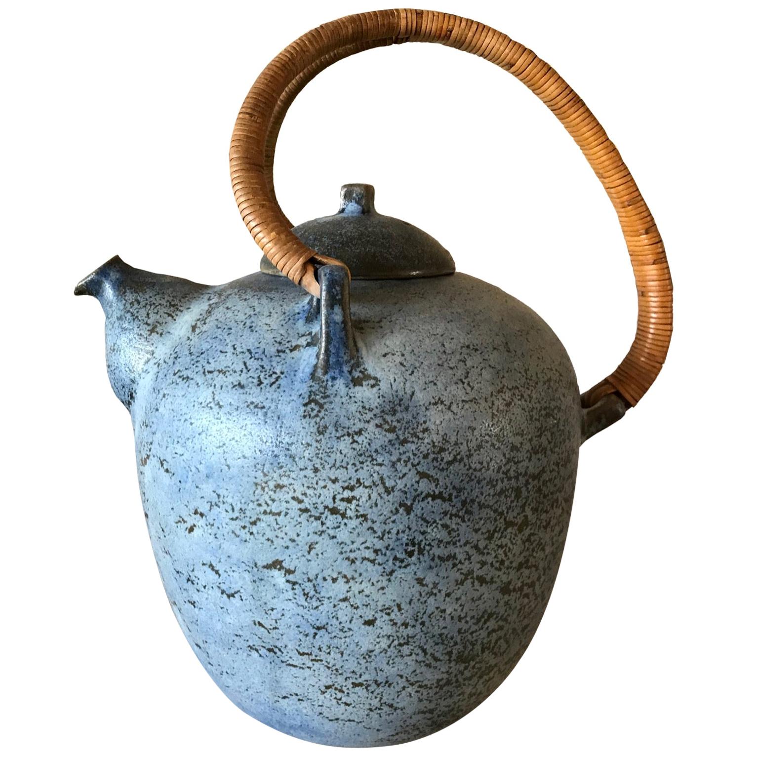 Large Blue Eigil Heinrichsen Ceramic Tea Pot and Cover with Wicker Handle