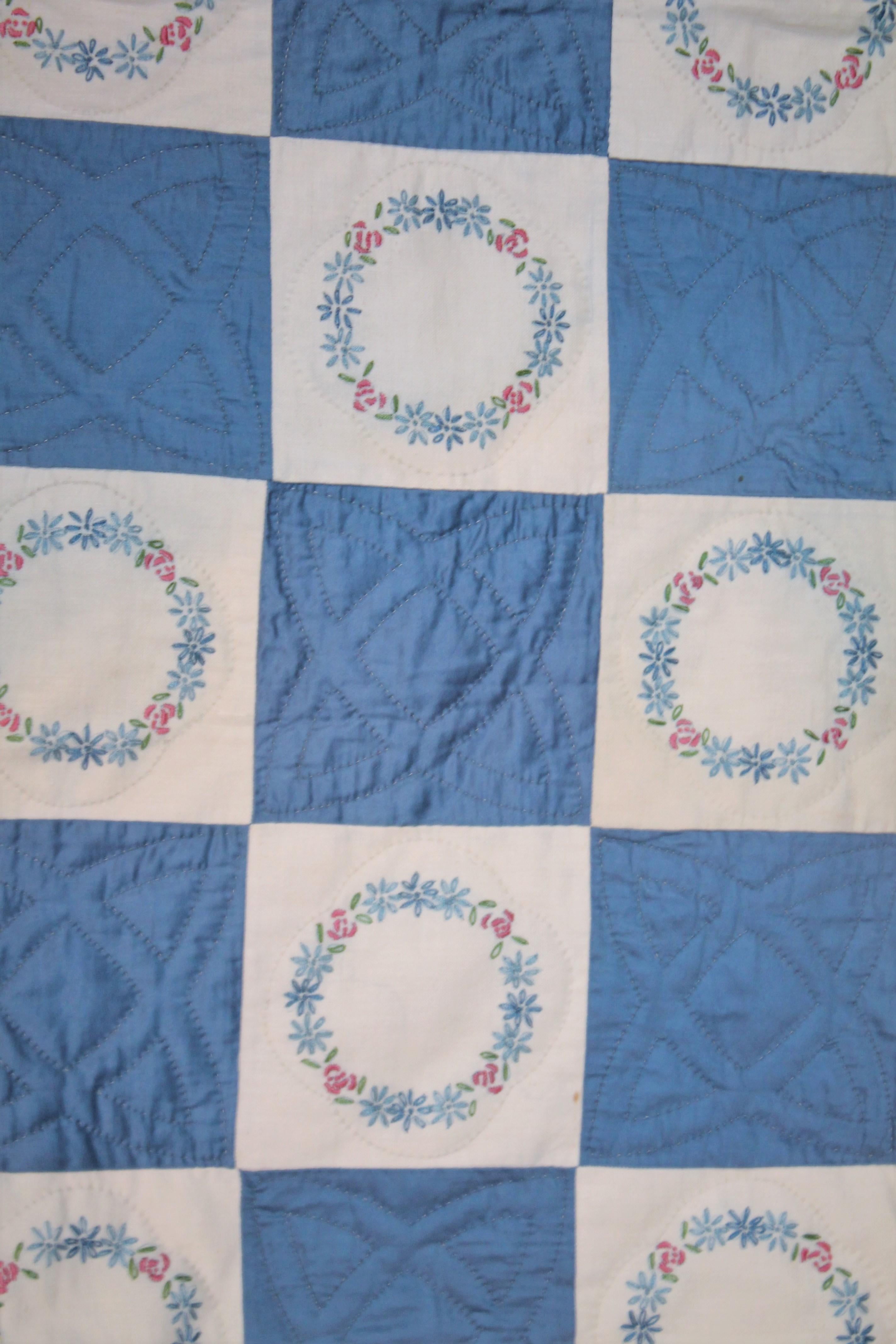 American Blue Embroidered Floral Wreath Quilt, Polished Cotton For Sale