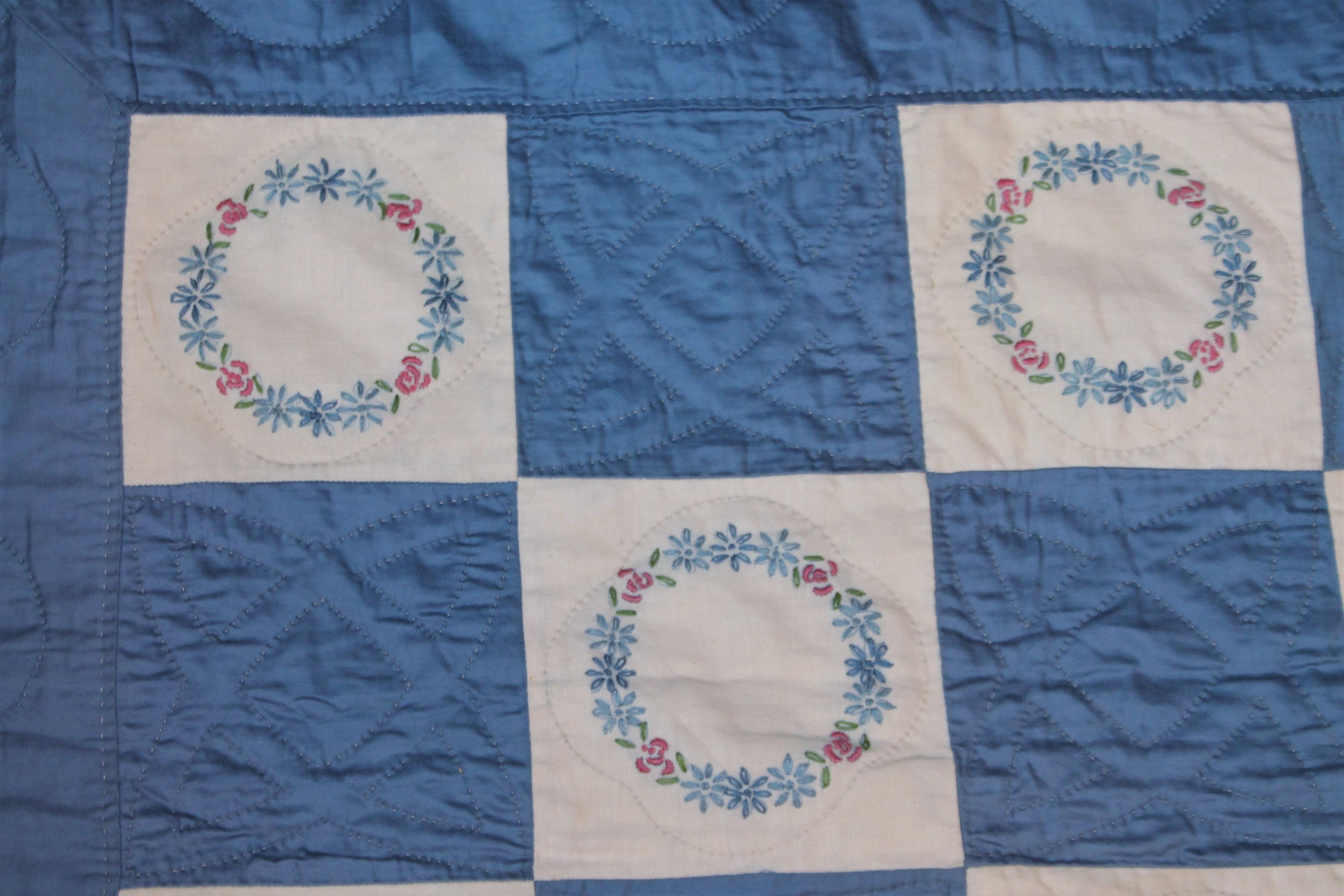 Blue Embroidered Floral Wreath Quilt, Polished Cotton In Good Condition For Sale In Los Angeles, CA