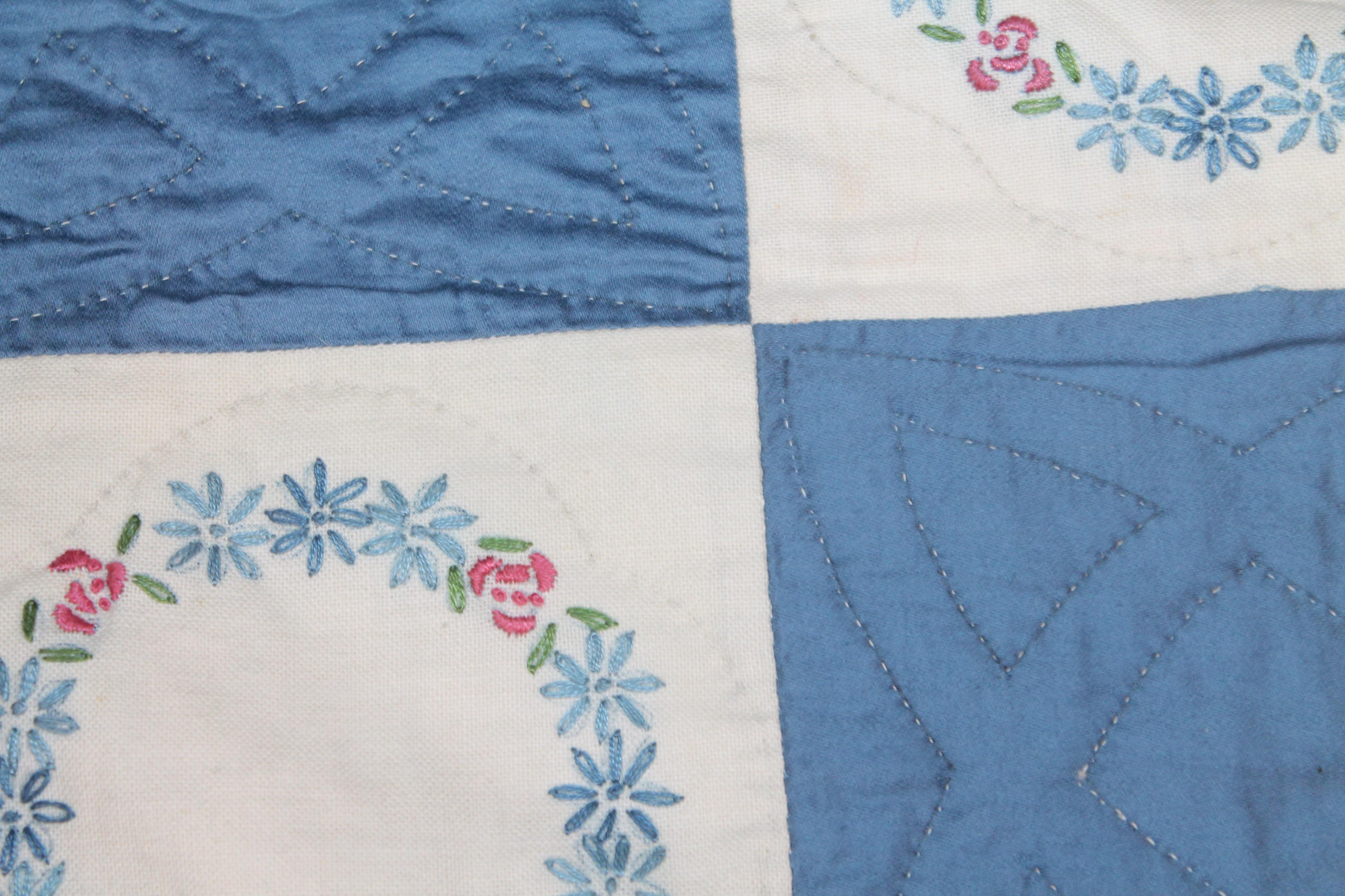 Mid-20th Century Blue Embroidered Floral Wreath Quilt, Polished Cotton For Sale