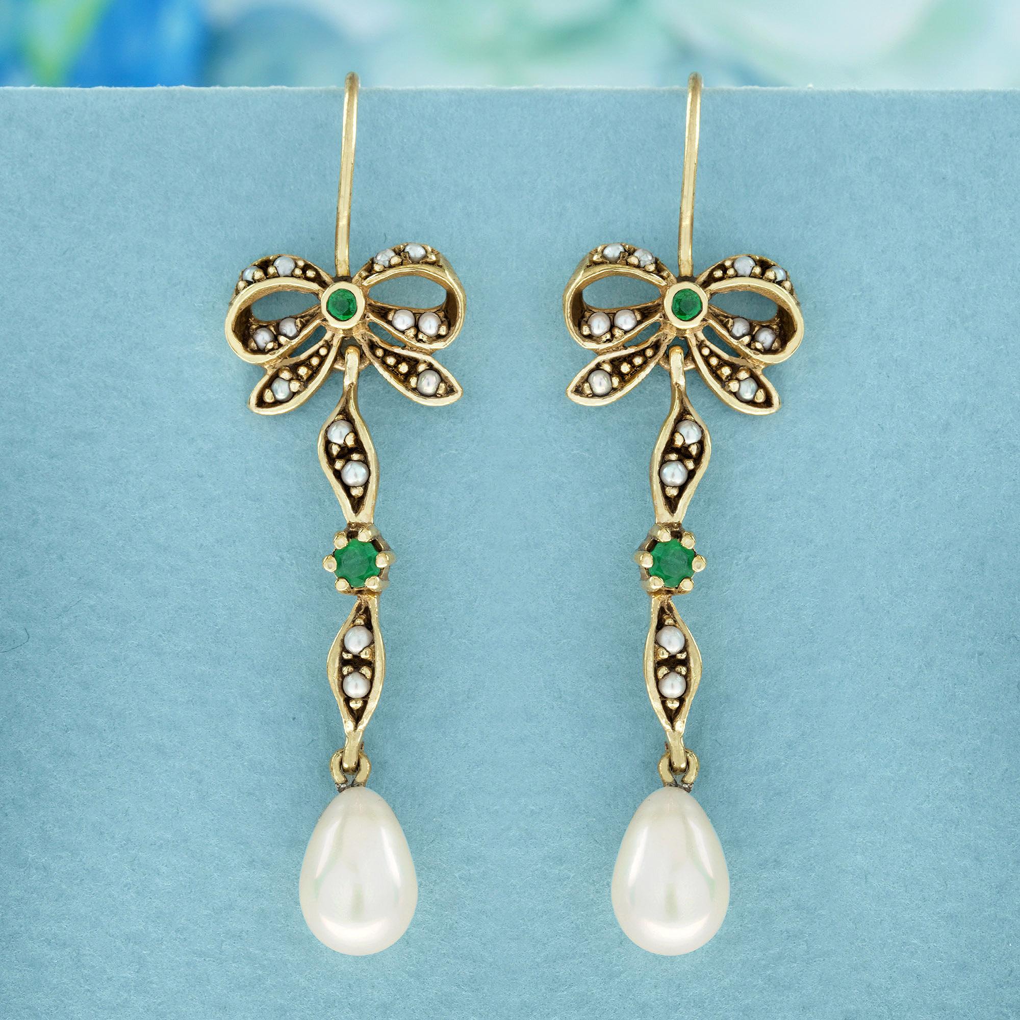 These earrings boast a vintage-inspired design adorned with delicate gold bows. Enhanced with sparkling milgrain details, the pearls gracefully align along the bow tie, culminating in a sizable, elegant white drop at the base to imbue movement and