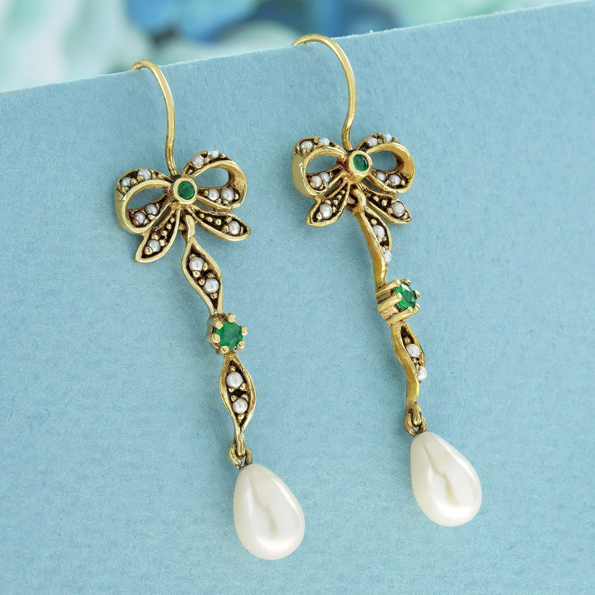 Edwardian Blue Emerald and Pearl Vintage Style Bow Drop Earrings in Solid 9K Yellow Gold For Sale