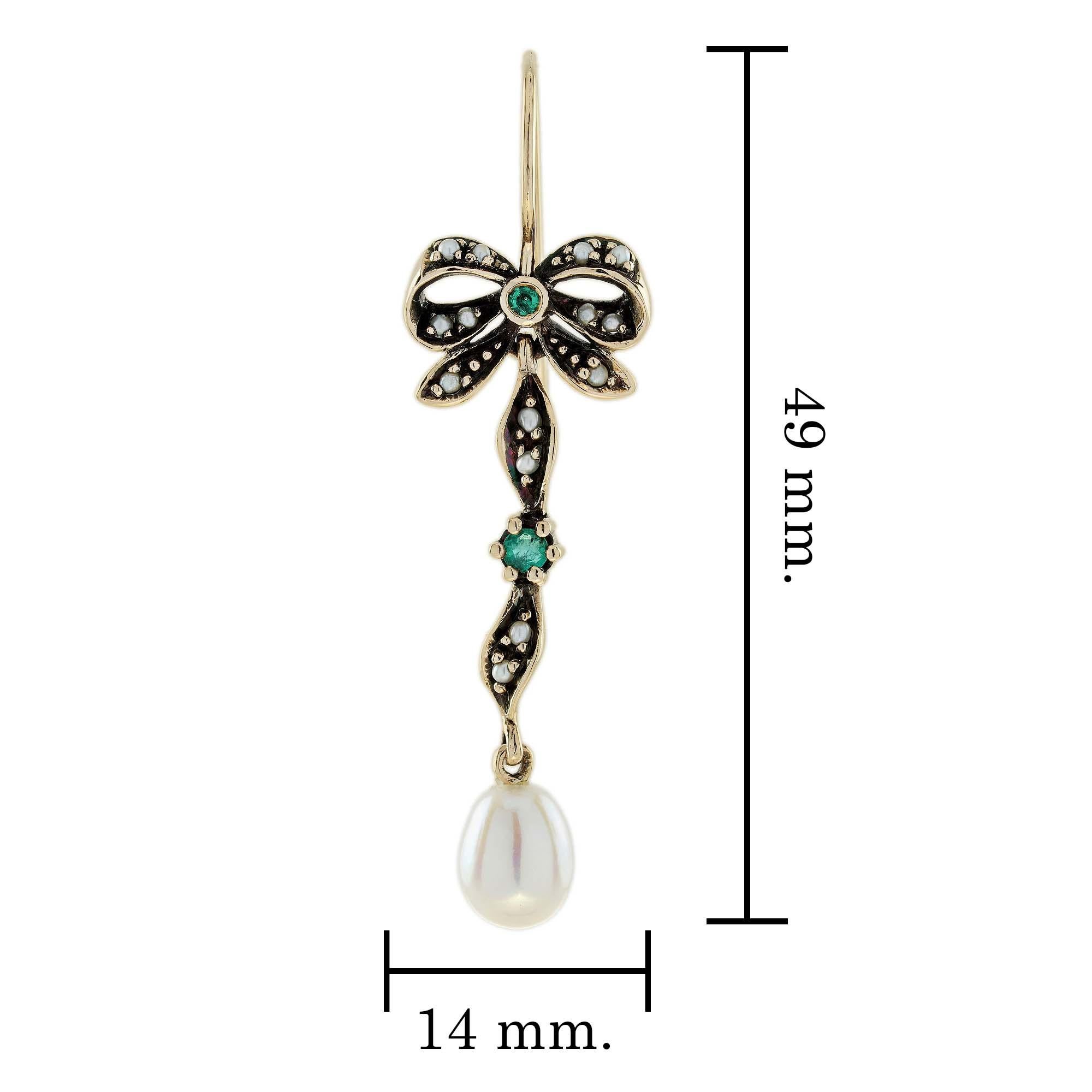 Blue Emerald and Pearl Vintage Style Bow Drop Earrings in Solid 9K Yellow Gold In New Condition For Sale In Bangkok, TH