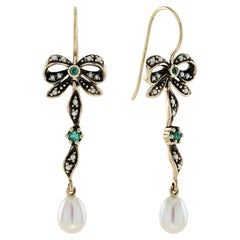 Blue Emerald and Pearl Used Style Bow Drop Earrings in Solid 9K Yellow Gold