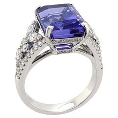 Blue Emerald Cut Tanzanite & White Diamond 18K White Gold Ring