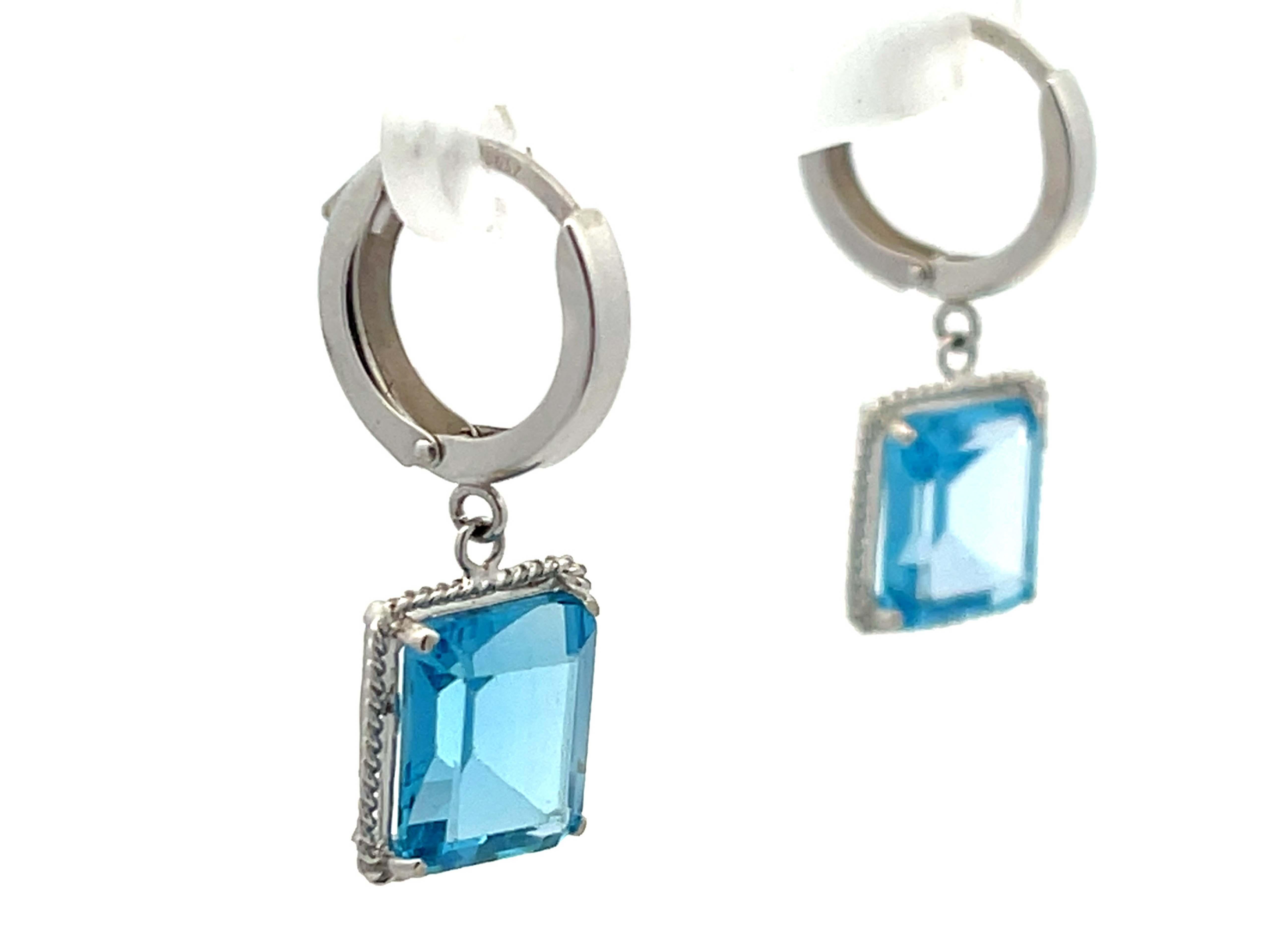Modern Blue Emerald Cut Topaz Drop Hoop Earrings in 14k White Gold For Sale