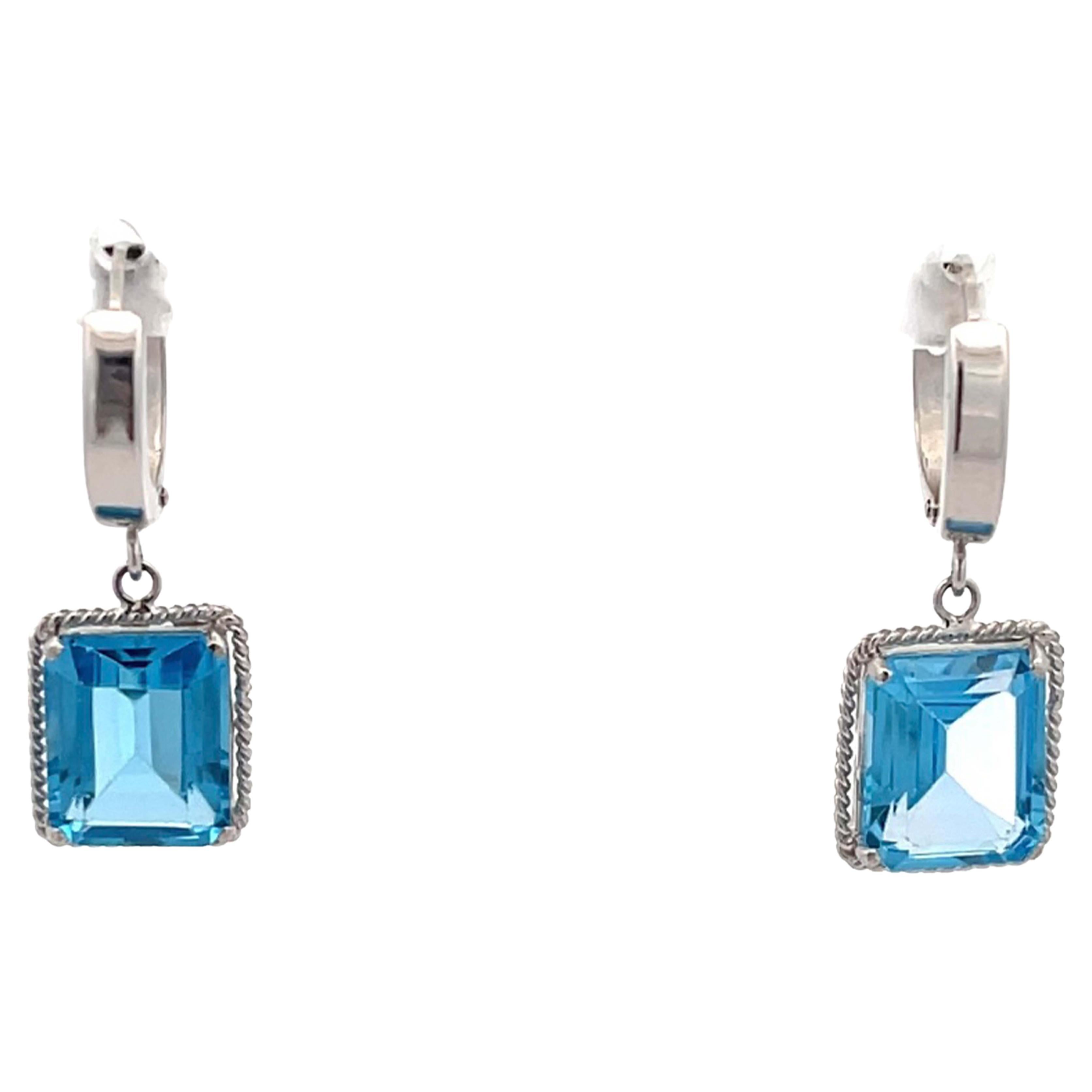 Blue Emerald Cut Topaz Drop Hoop Earrings in 14k White Gold For Sale