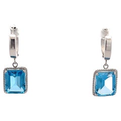 Vintage Blue Emerald Cut Topaz Drop Hoop Earrings in 14k White Gold