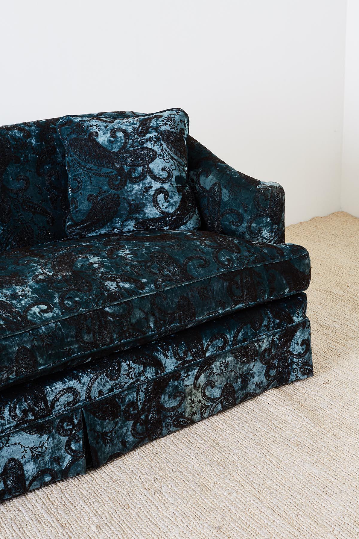 Blue Emerald Velvet Paisley Print Curved Back Settee 1