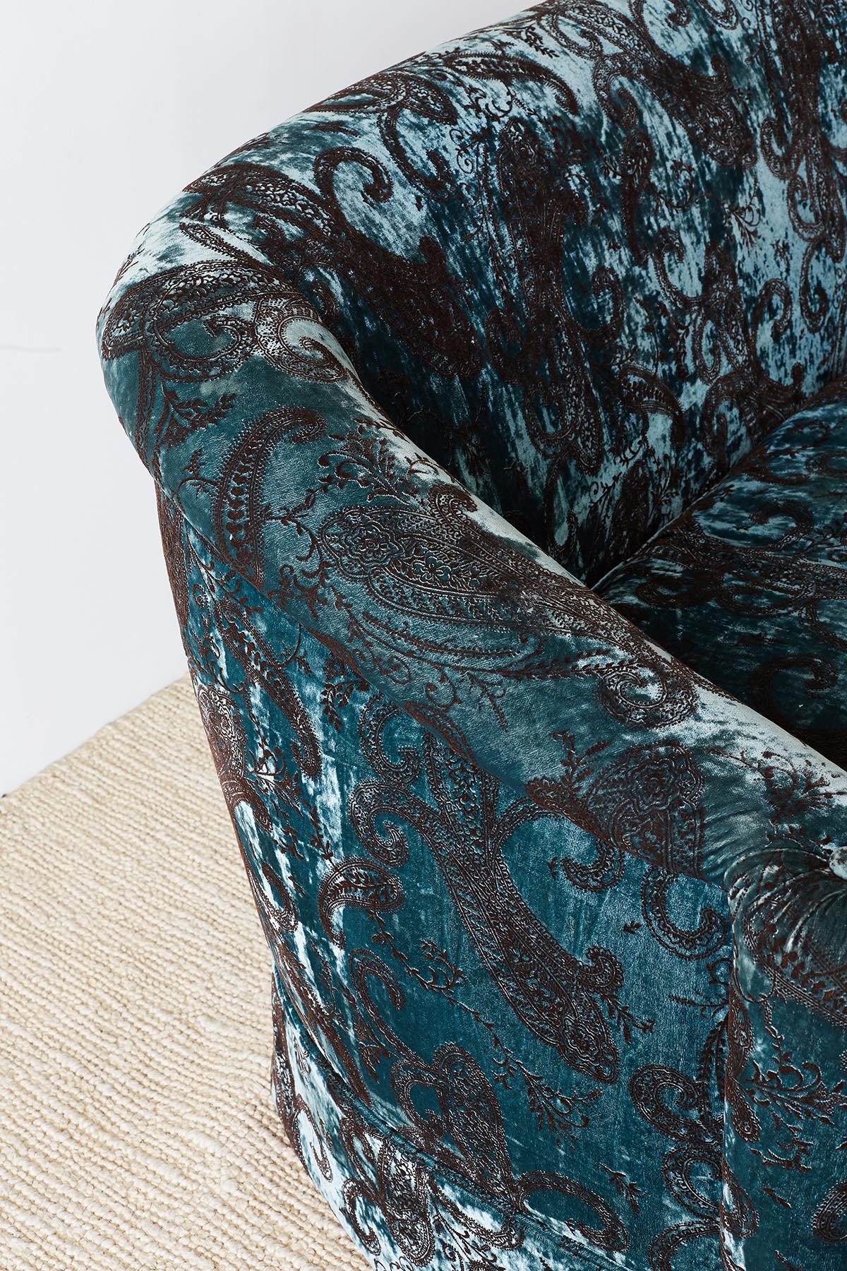 Blue Emerald Velvet Paisley Print Curved Back Settee 5