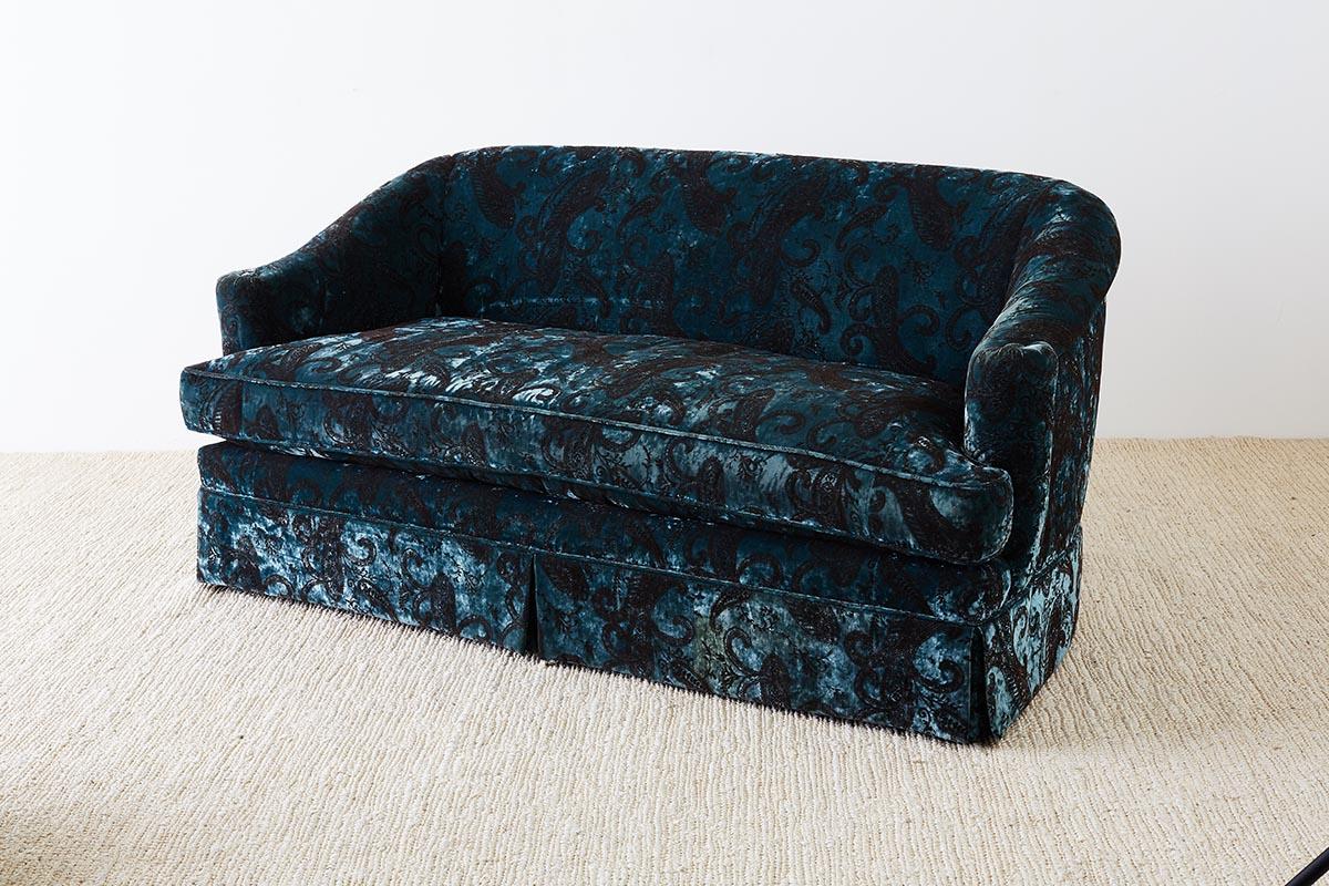 Hollywood Regency Blue Emerald Velvet Paisley Print Curved Back Settee