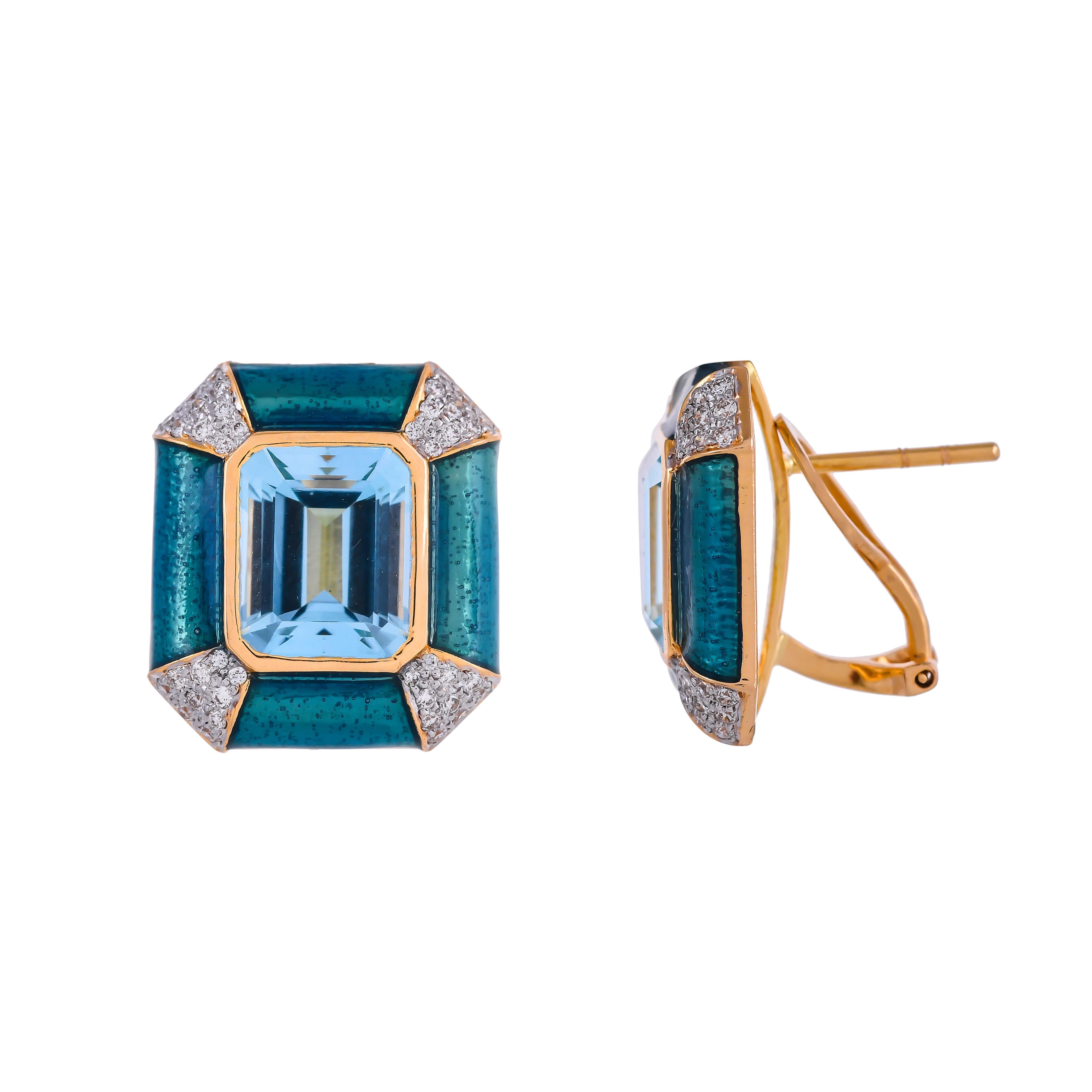 Mounted in 18 karats yellow gold, this contemporary and bold statement stud earrings are from the collection 'color story'. The rectangular panel is set with an octagon-shaped sky blue topaz weighing approximately 11.34 carats, framed by matching