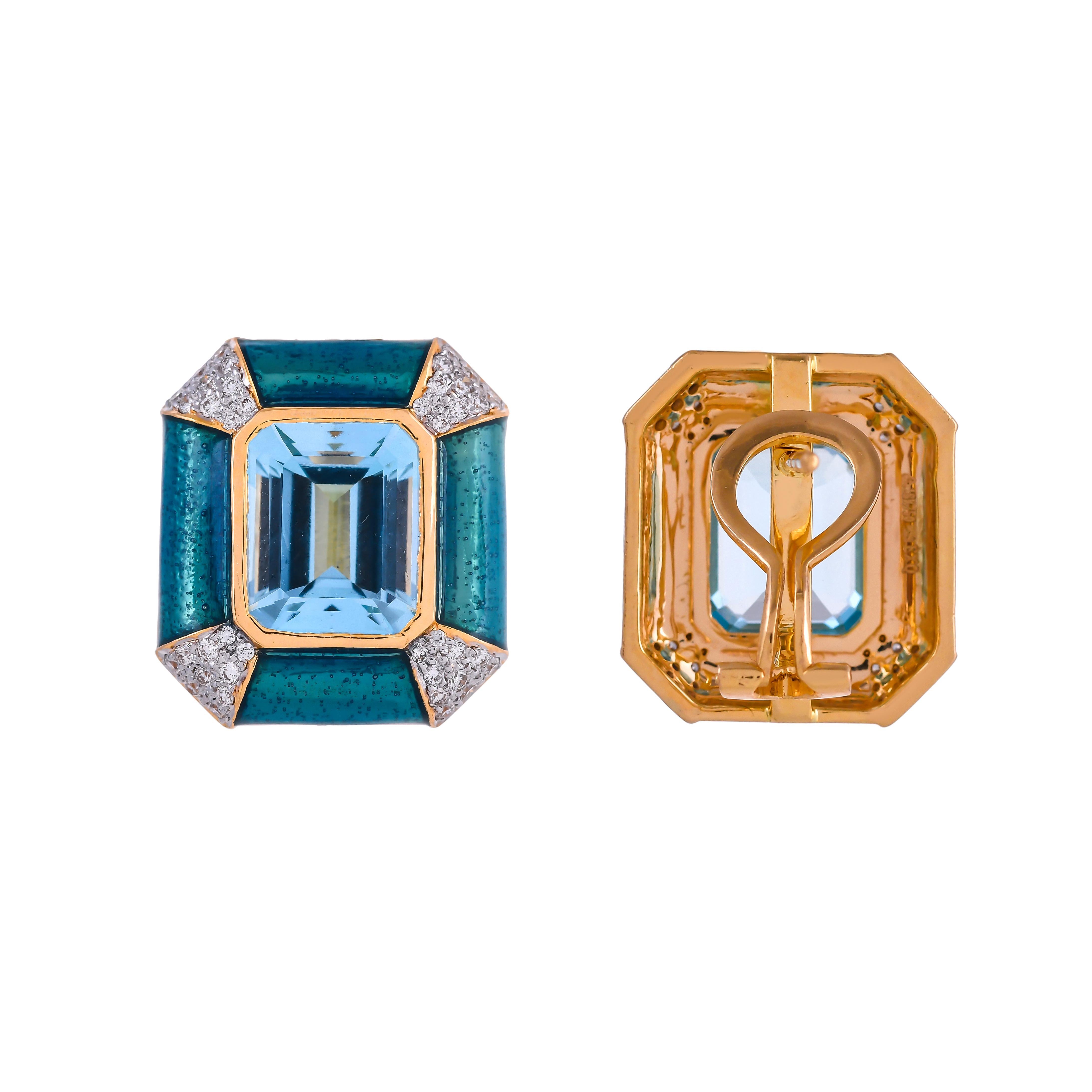 Modern Blue Enamel 11.34 Carat Sky Blue Topaz Diamond 18 Karat Yellow Gold Stud Earring
