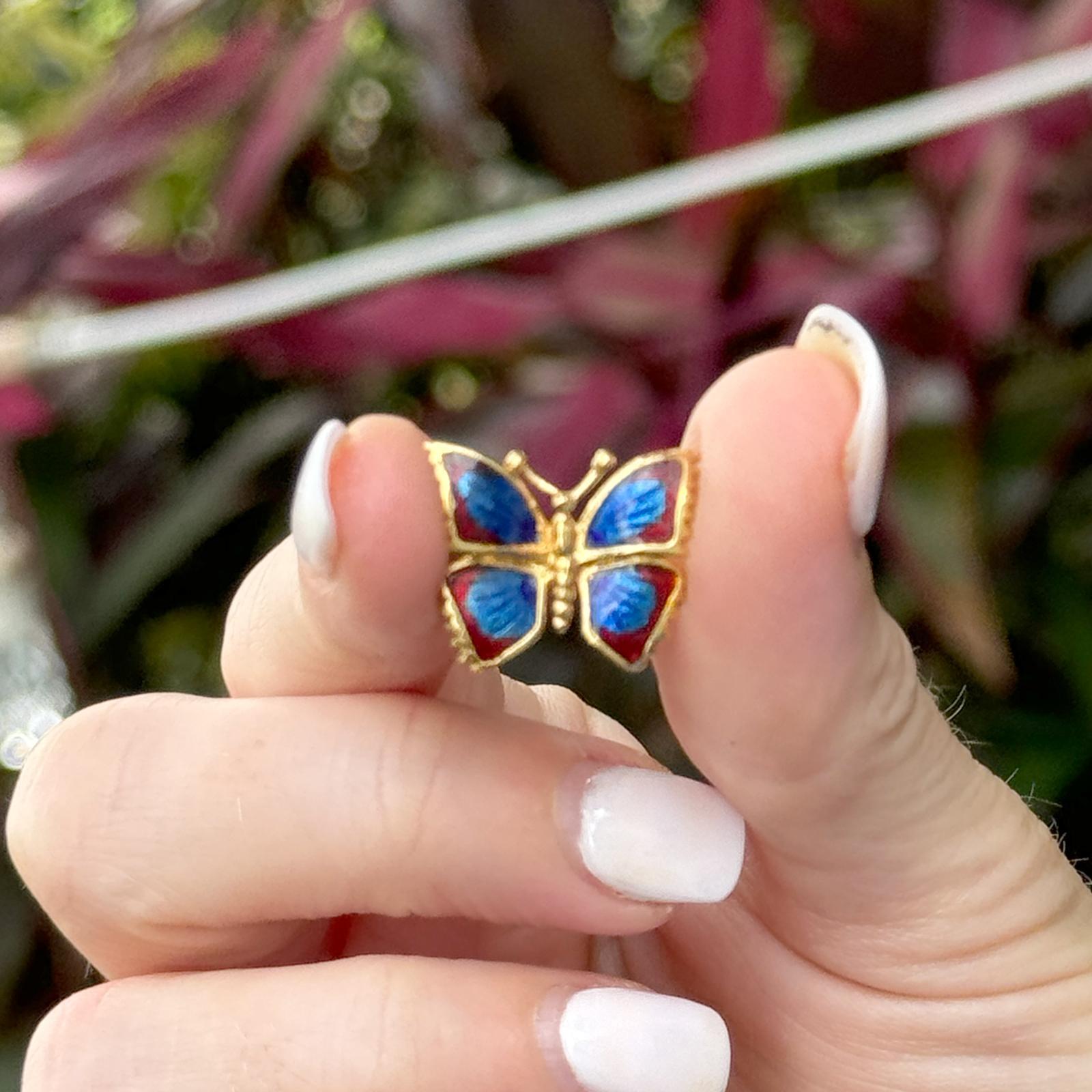 Modern Blue Enamel 18 Karat Yellow Gold Vintage Butterfly Pin