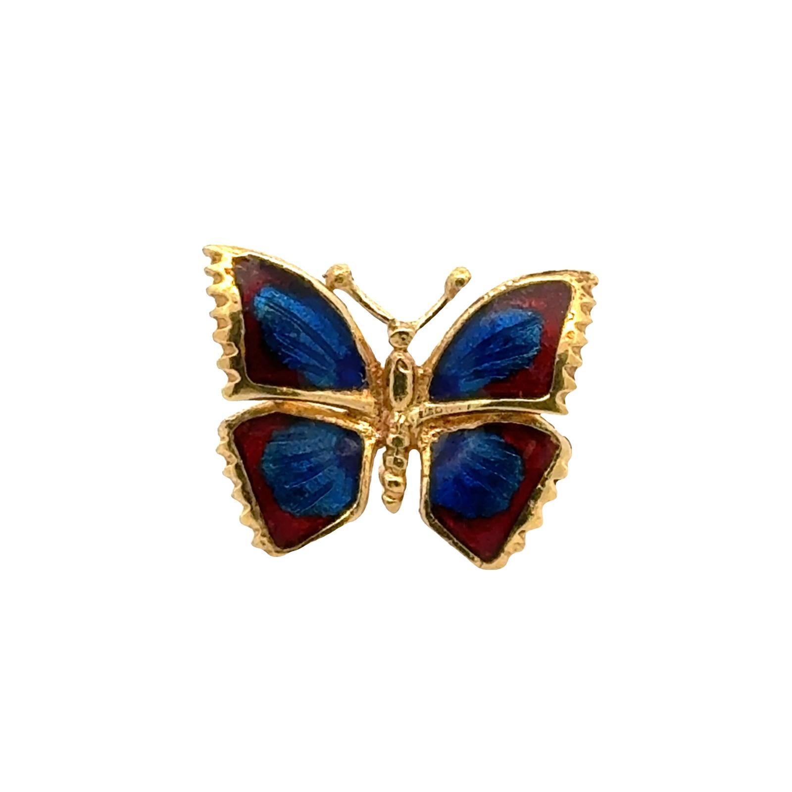 Blue Enamel 18 Karat Yellow Gold Vintage Butterfly Pin 2