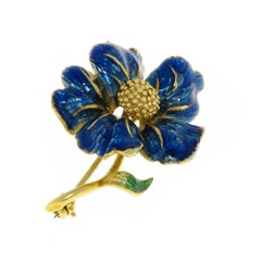 Blue Enamel 18 Karat Yellow Gold Vintage Flower Brooch Handcrafted in Italy