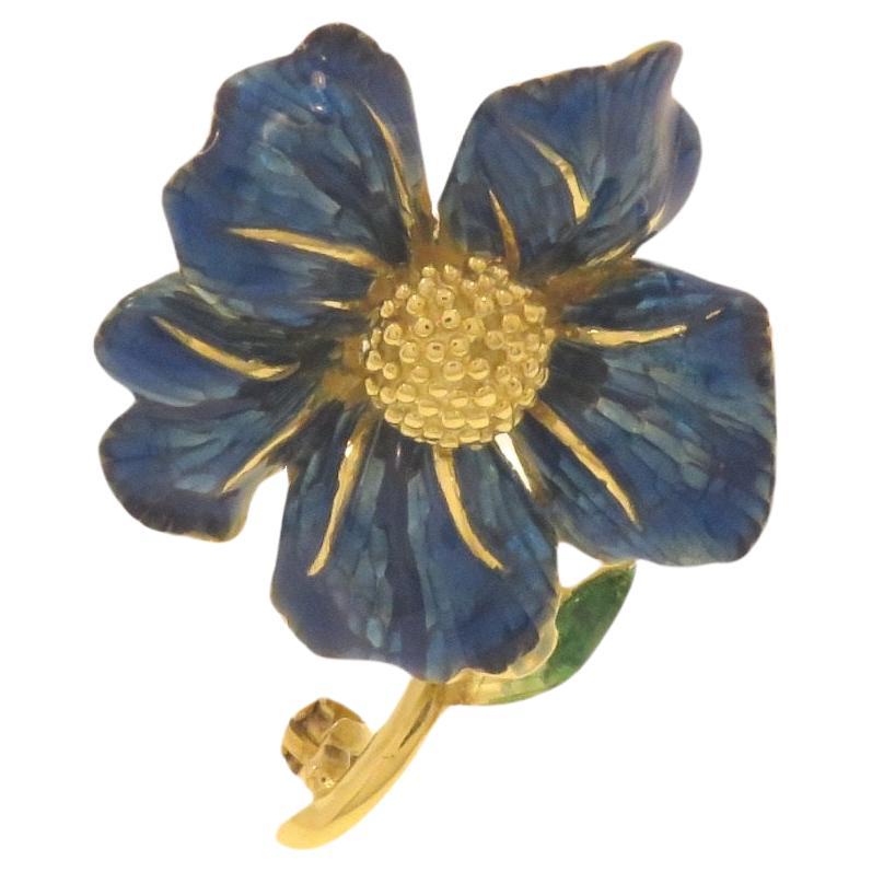 Blue Enamel 18 Karat Yellow Gold Vintage Flower Brooch Handcrafted in Italy For Sale