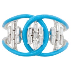 Esmalte azul y diamante talla baguette de 0,45 quilates Anillo Obra Abierta 14 Quilates En Stock