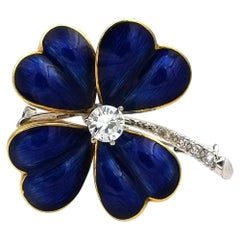 Vintage Blue Enamel and 0.65 Carat Diamond Four Clover 18K Gold Brooch, circa 1950