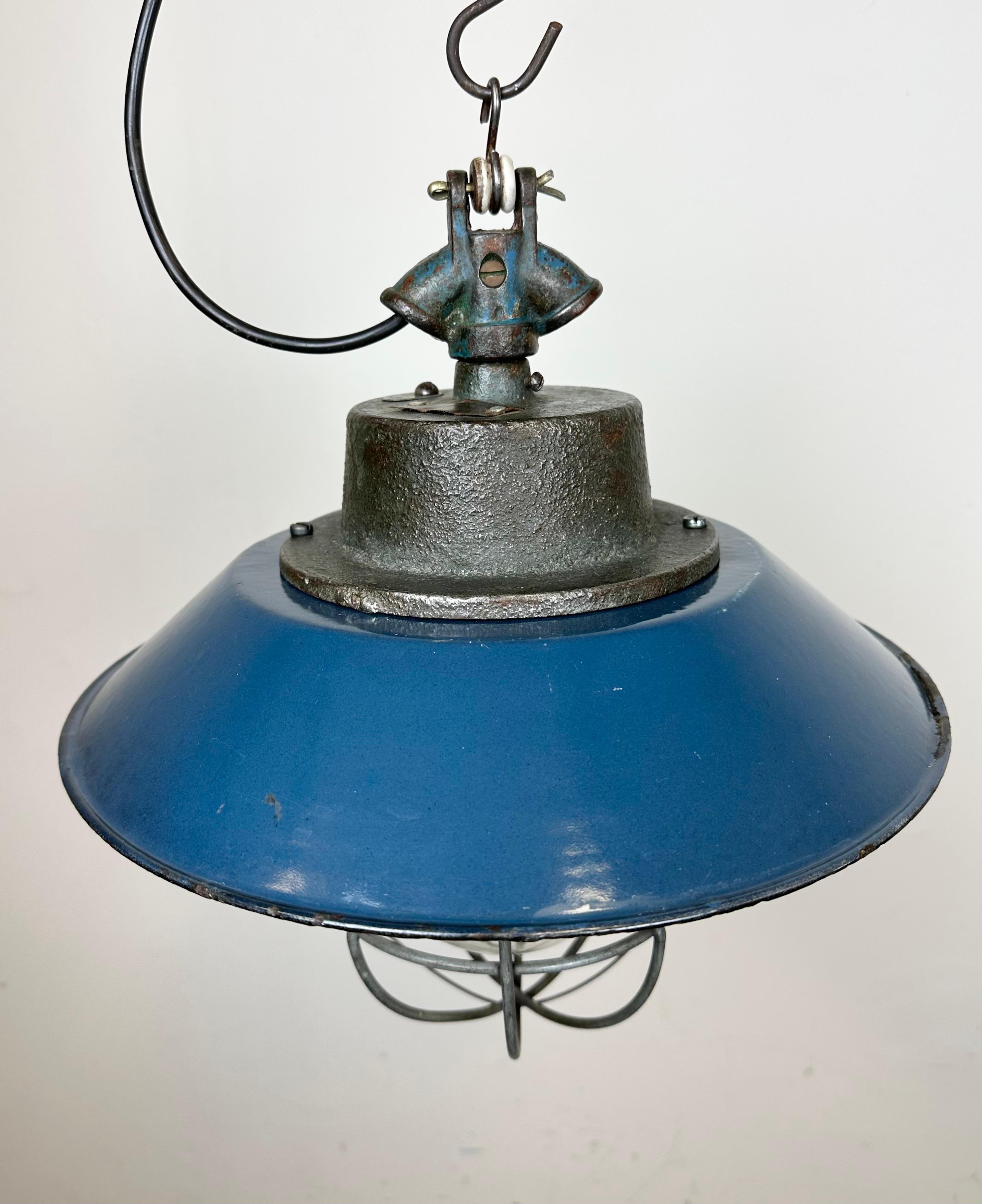 Blue Enamel and Cast Iron Industrial Cage Pendant Light, 1960s For Sale 4
