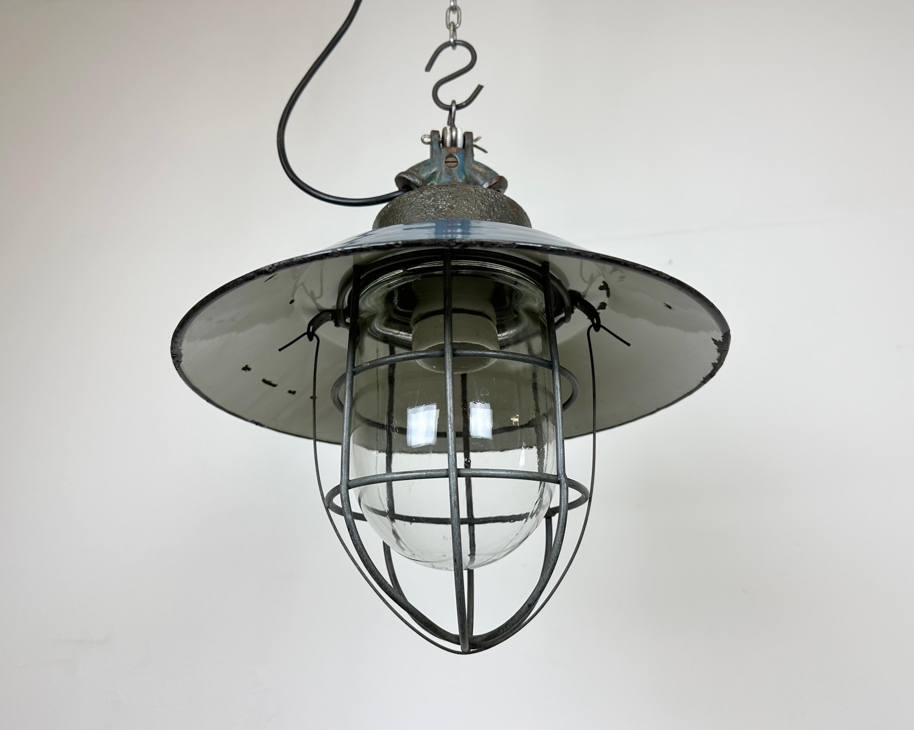 Blue Enamel and Cast Iron Industrial Cage Pendant Light, 1960s For Sale 5