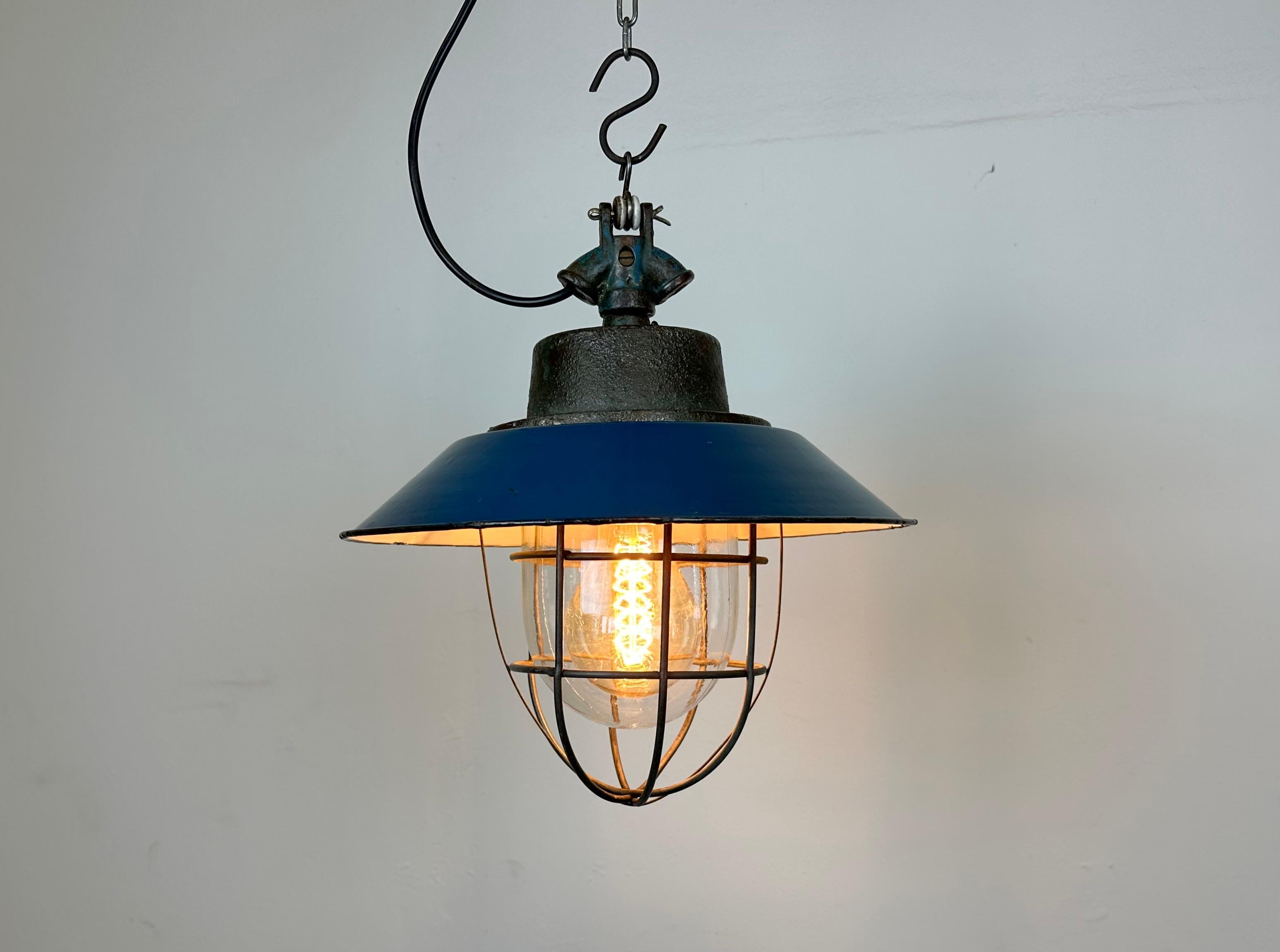 Blue Enamel and Cast Iron Industrial Cage Pendant Light, 1960s For Sale 6