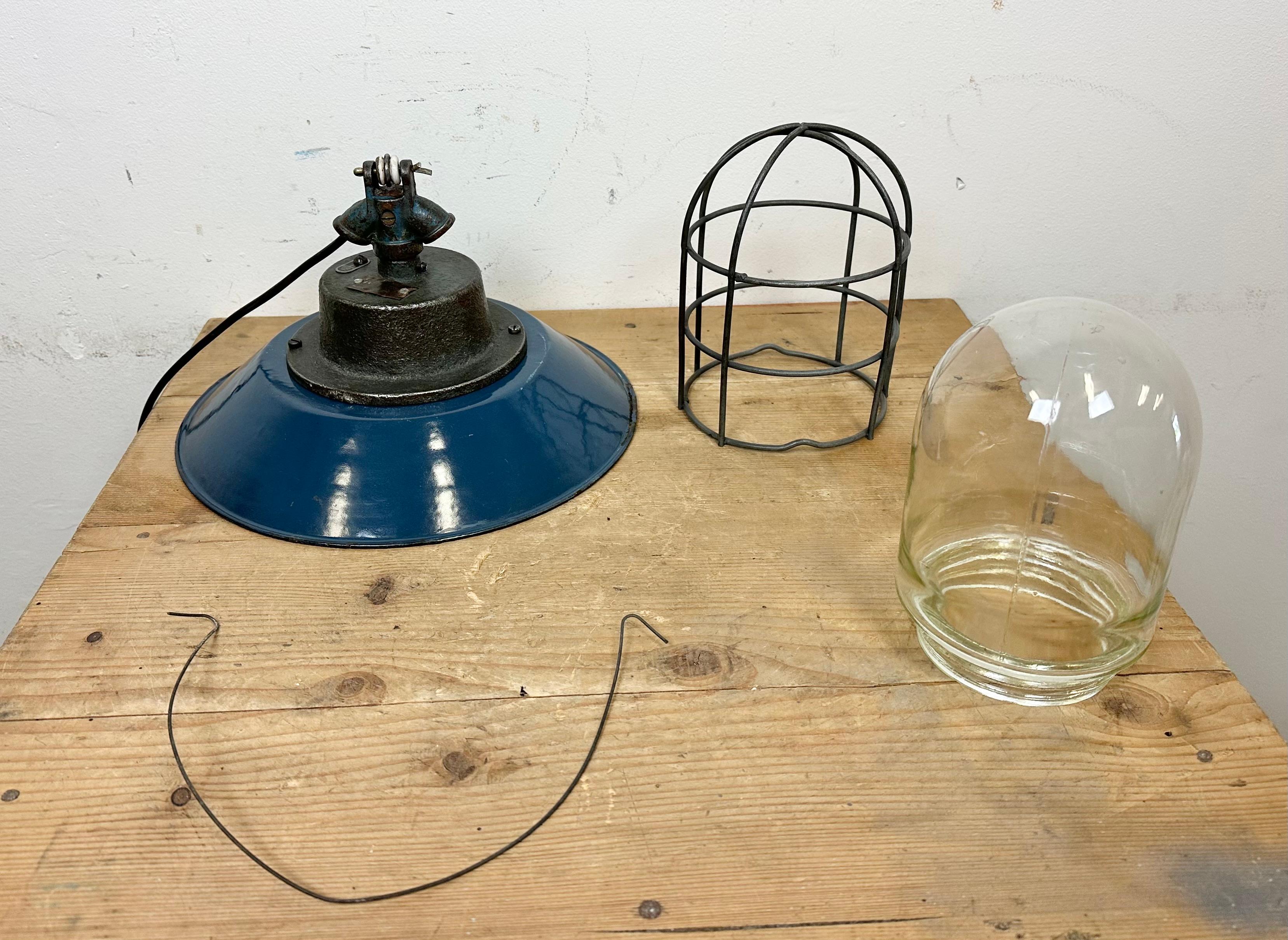 Blue Enamel and Cast Iron Industrial Cage Pendant Light, 1960s For Sale 8
