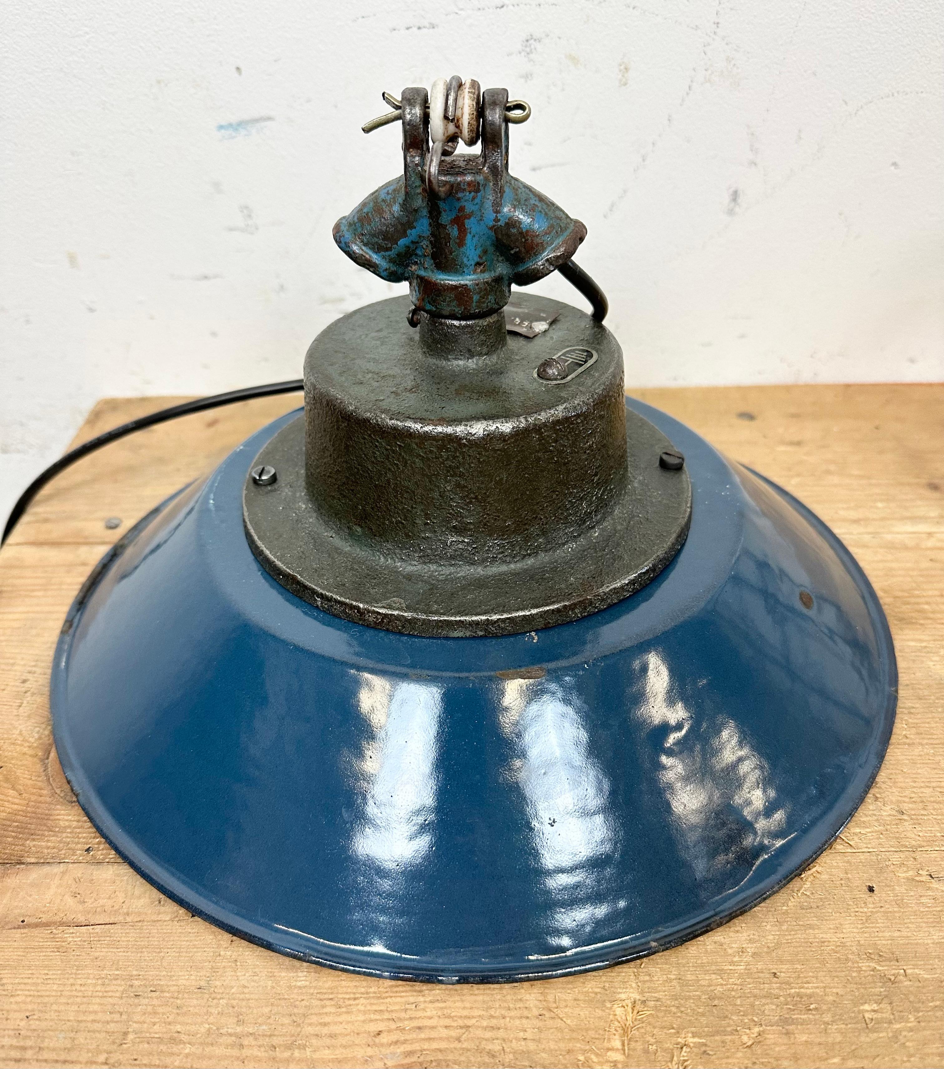 Blue Enamel and Cast Iron Industrial Cage Pendant Light, 1960s For Sale 9